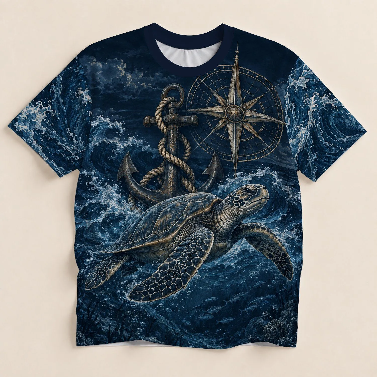 Sea Turtle Compass Nautical Art for Coastal Adventures and Outdoor Travel All-over Print Unisex T-shirt - 1