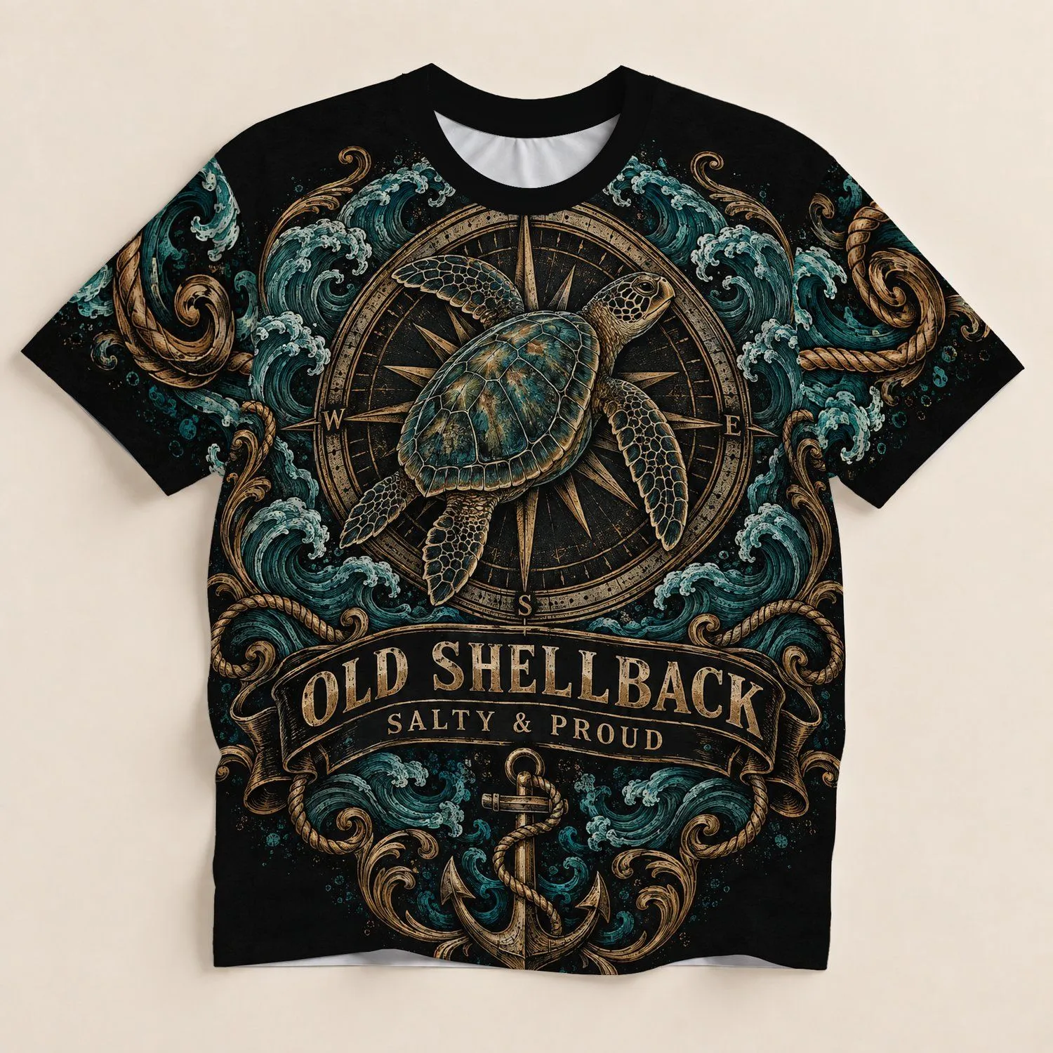 Vintage Nautical Turtle Compass and Anchor for Coastal Adventures and Outdoor Travel All-over Print Unisex T-shirt - 1
