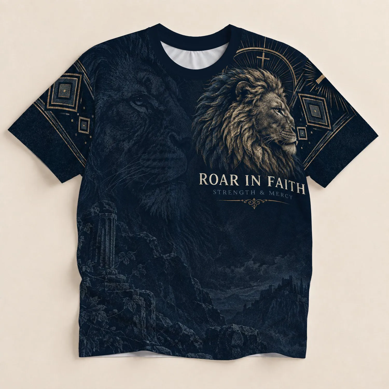 Lion Cross Faithful Strength for Church Worship and Everyday Christian Wear for Men All-over Print Unisex T-shirt - 1