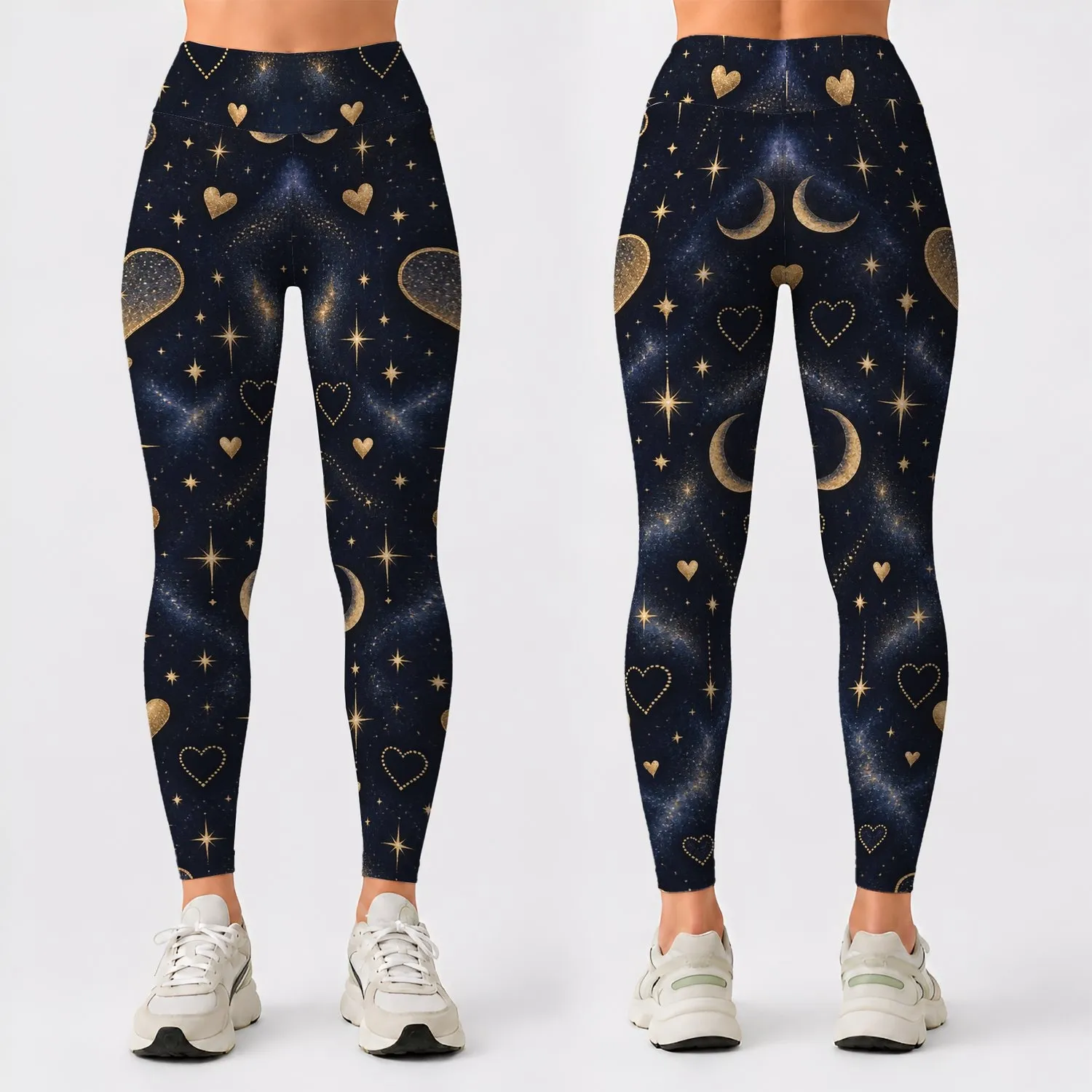 Navy Gold Hearts and Stars for Yoga, Pilates, and Everyday Casual Wear for Women Leggings - 1