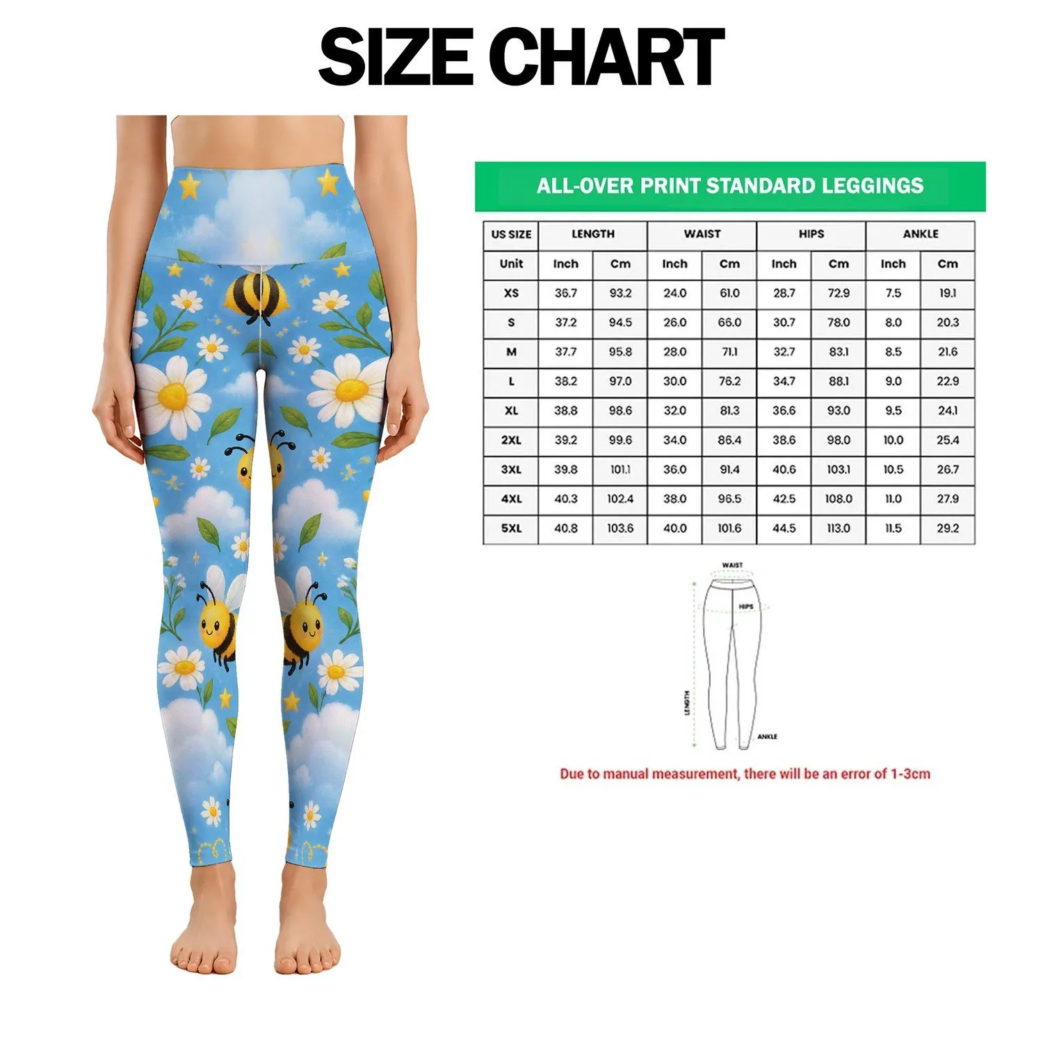 Cheerful Bumblebees Among Clouds and Daisies for Yoga, Pilates, and Everyday Style Leggings - 1