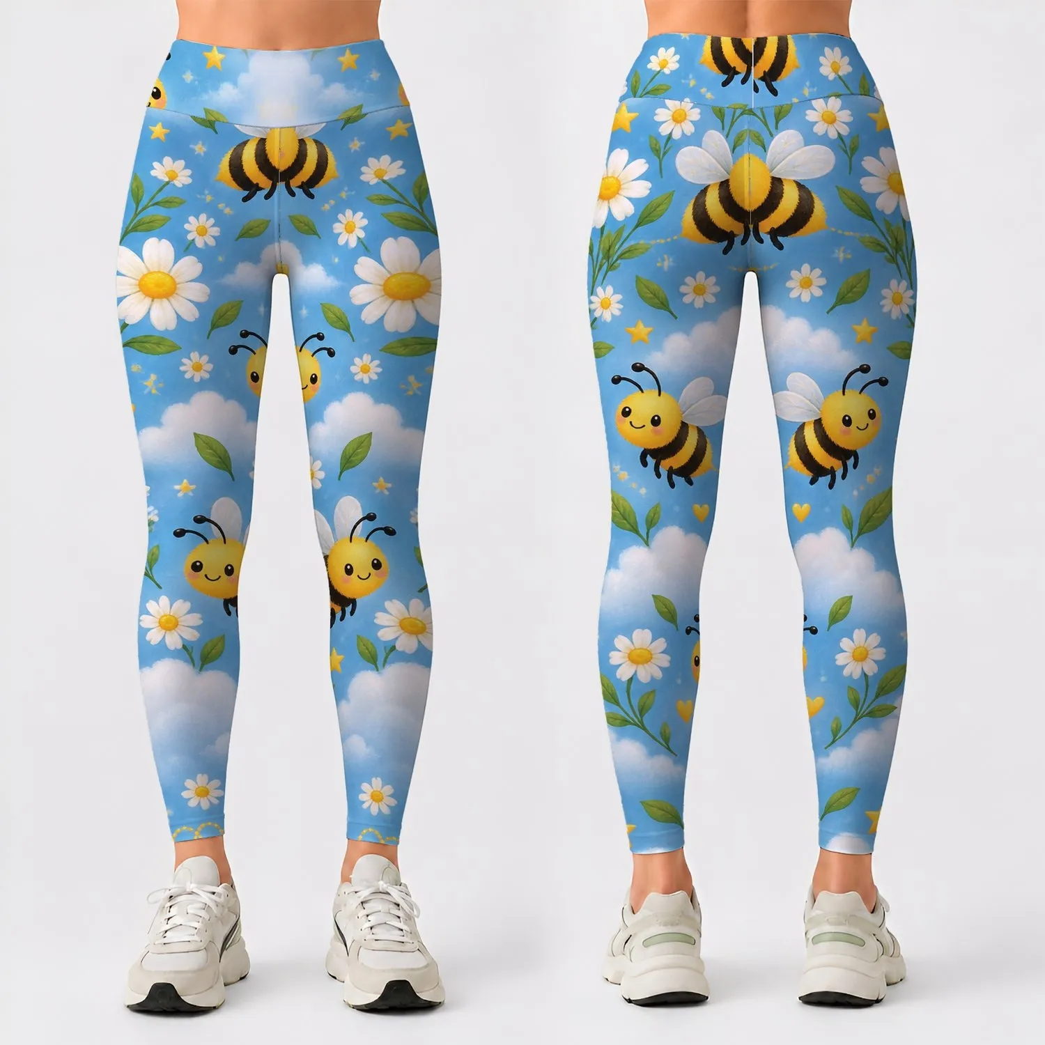 Cheerful Bumblebees Among Clouds and Daisies for Yoga, Pilates, and Everyday Style Leggings - 1