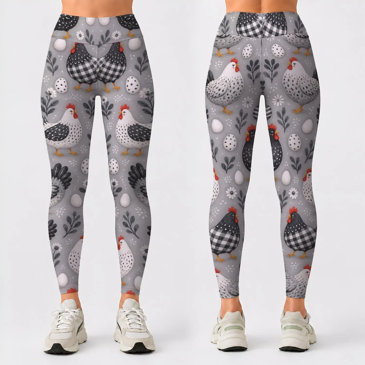 Whimsical Black and White Hens for Yoga, Pilates, and Everyday Outings Leggings - 1