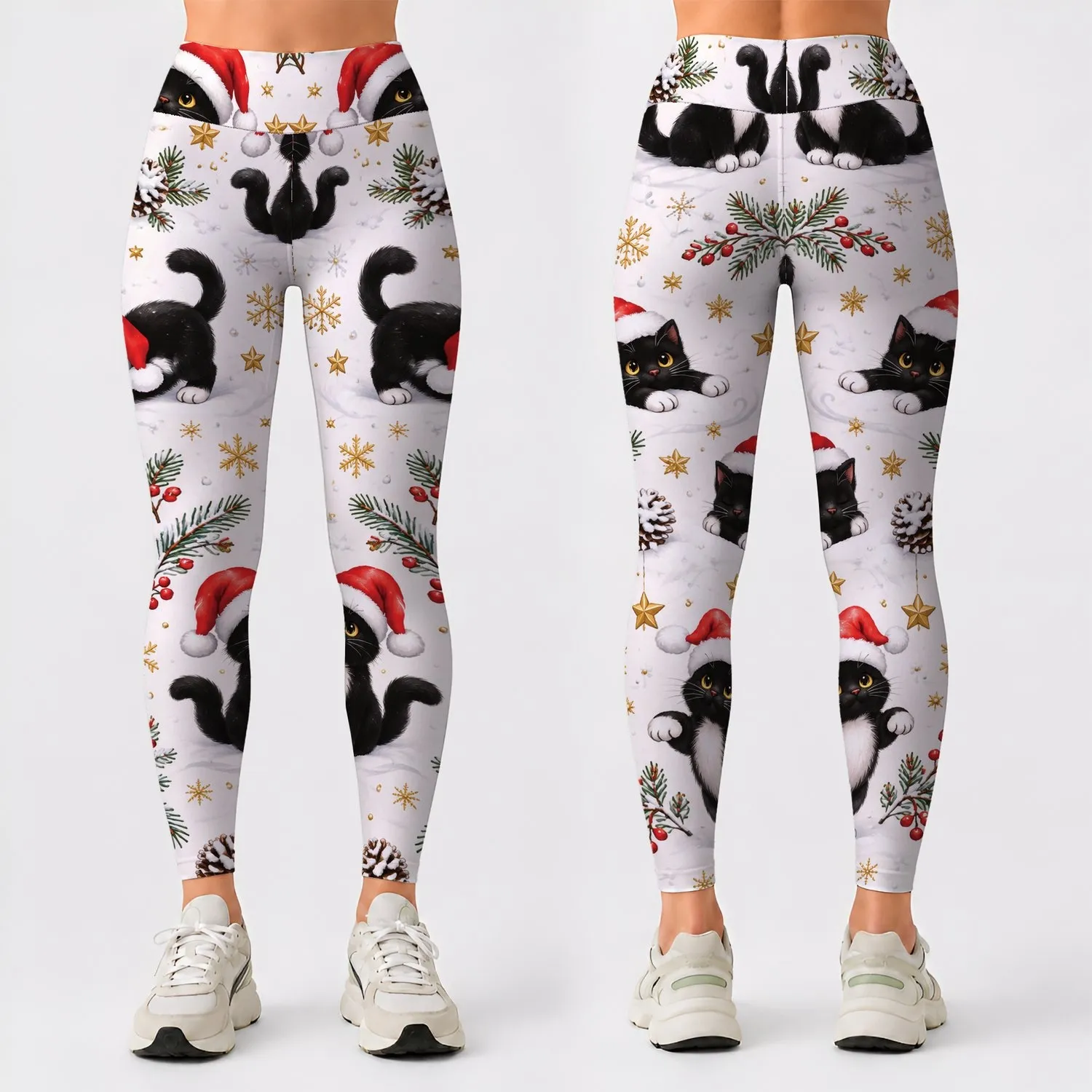 Black Cats in Santa Hats for Cozy Holiday Lounging and Festive Winter Outings Leggings - 1