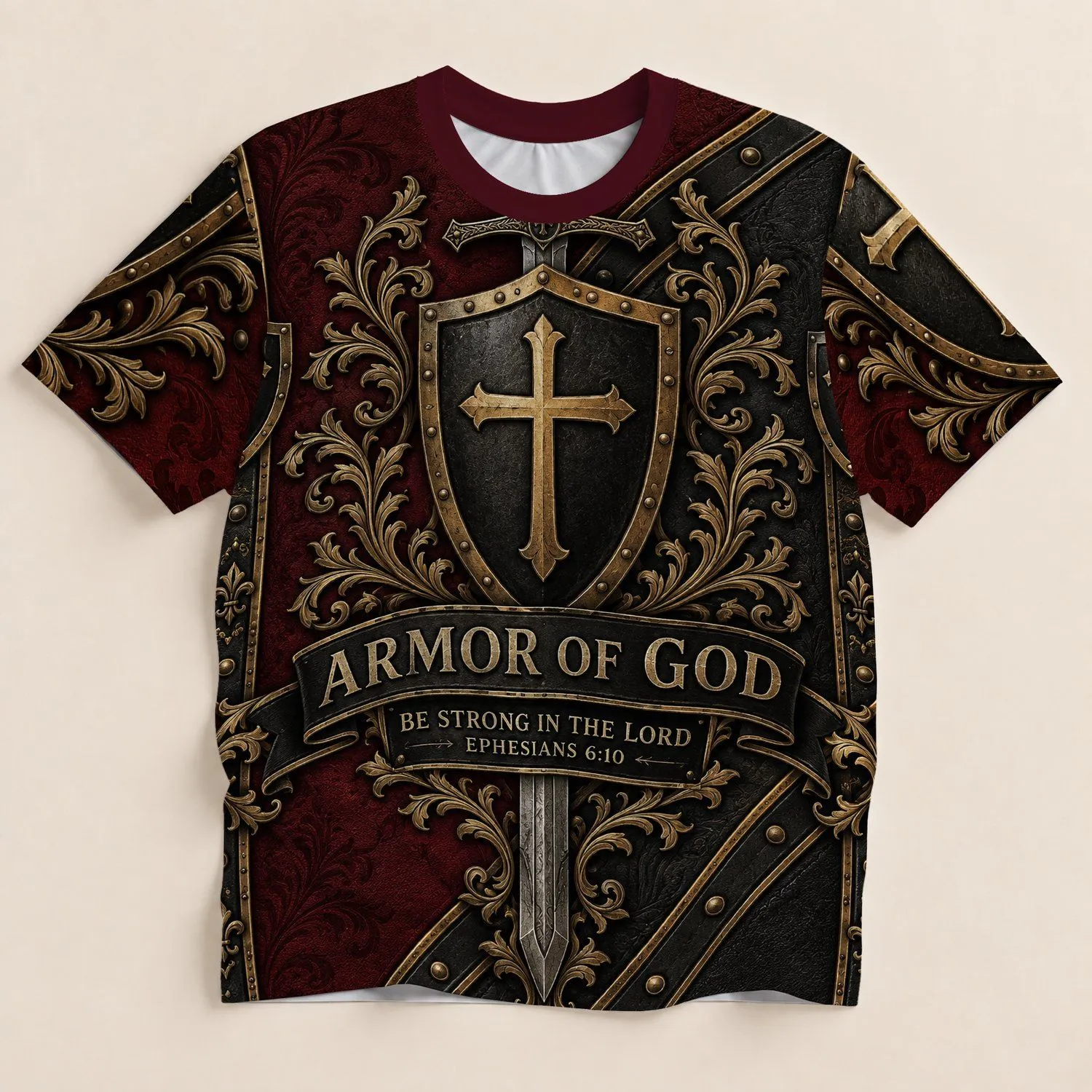 Burgundy Knight Shield and Cross Sword for Church Events and Faithful Men of Faith All-over Print Unisex T-shirt - 1