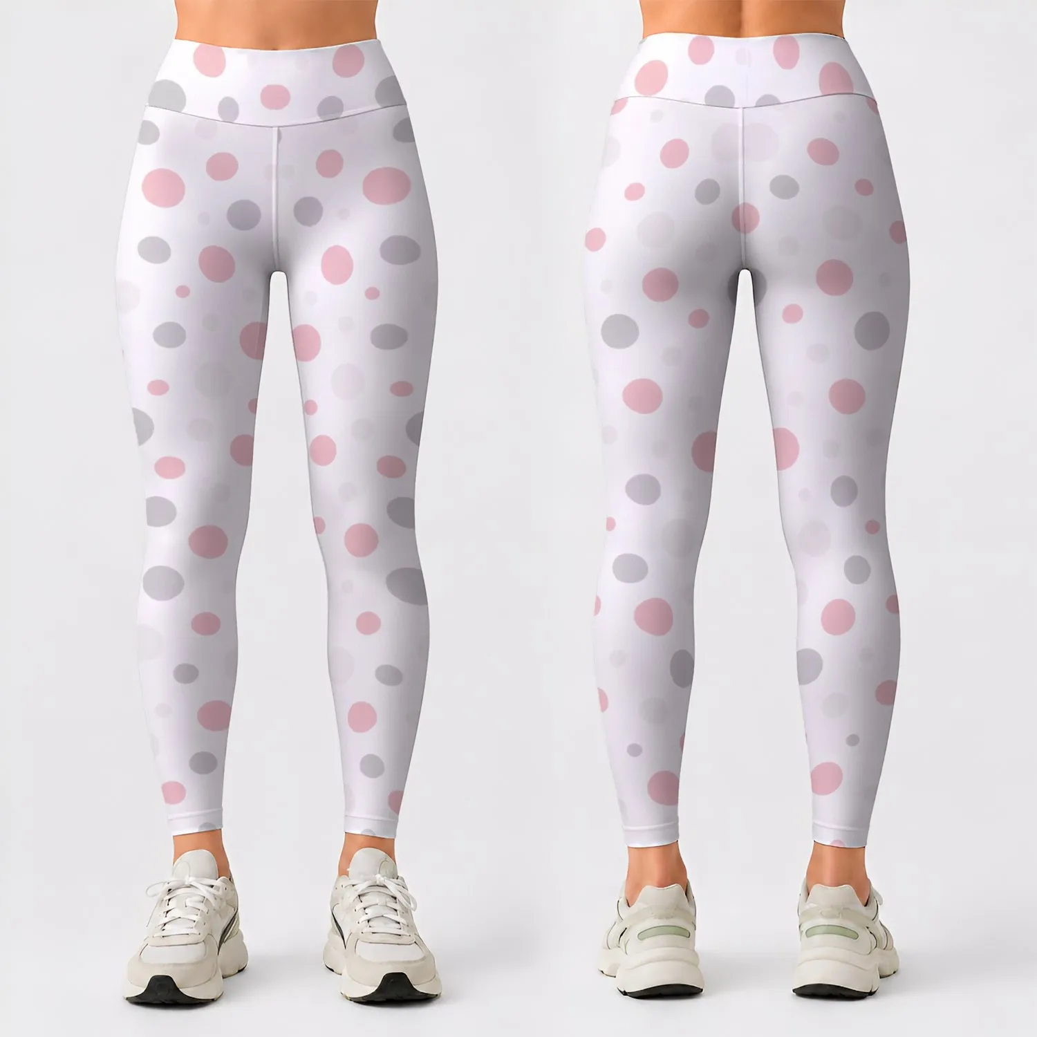 Gray White Blush Polka Dots for Studio Workouts and Everyday Athleisure Leggings - 1
