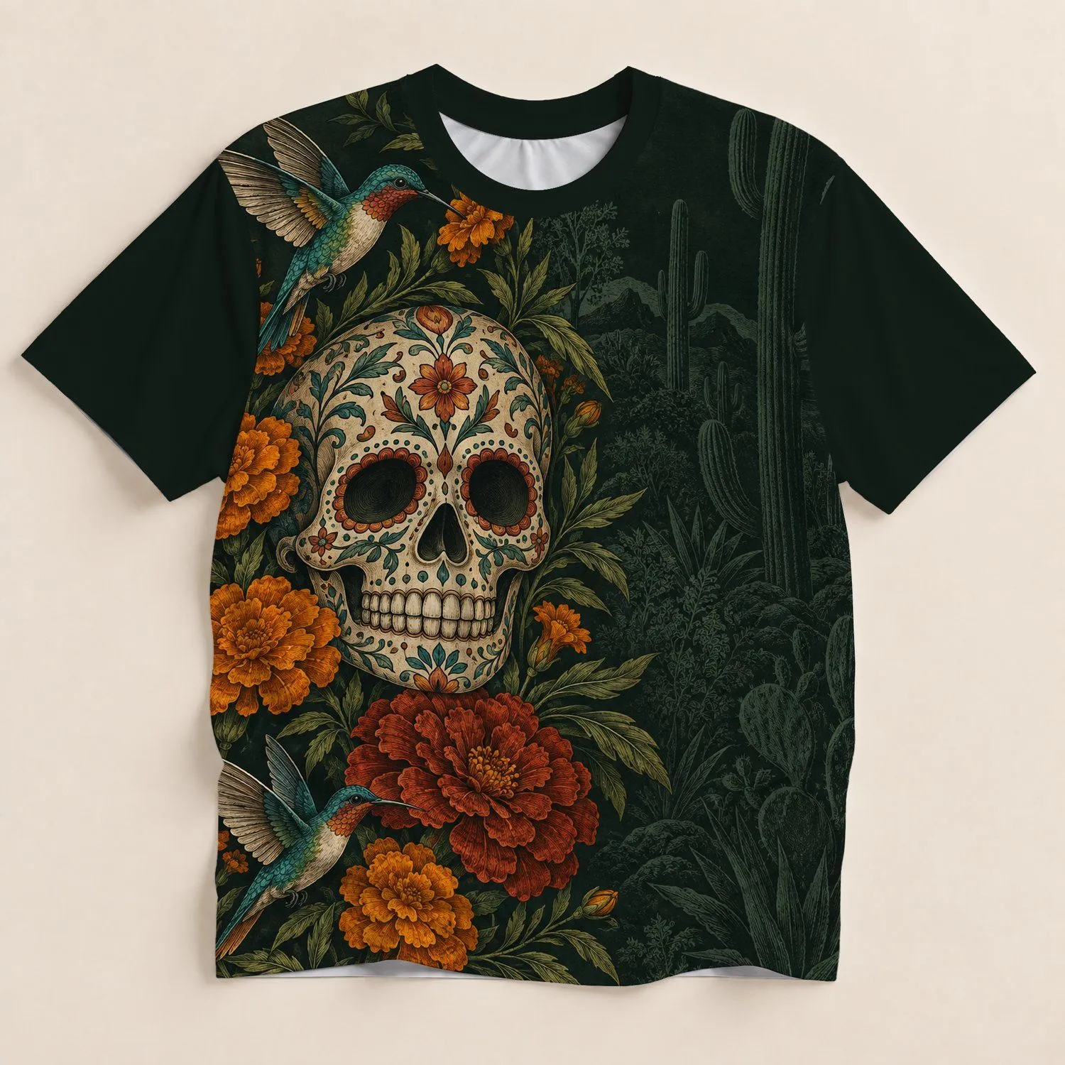 Sugar Skull Hummingbirds And Marigolds For Day Of The Dead Celebrations All-over Print Unisex T-shirt - 1