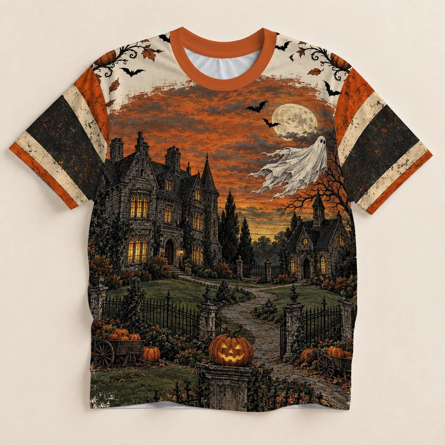 Haunted Mansion Pumpkin Ghost Scene for Halloween Nights and Spooky Autumn Gatherings All-over Print Unisex T-shirt - 1