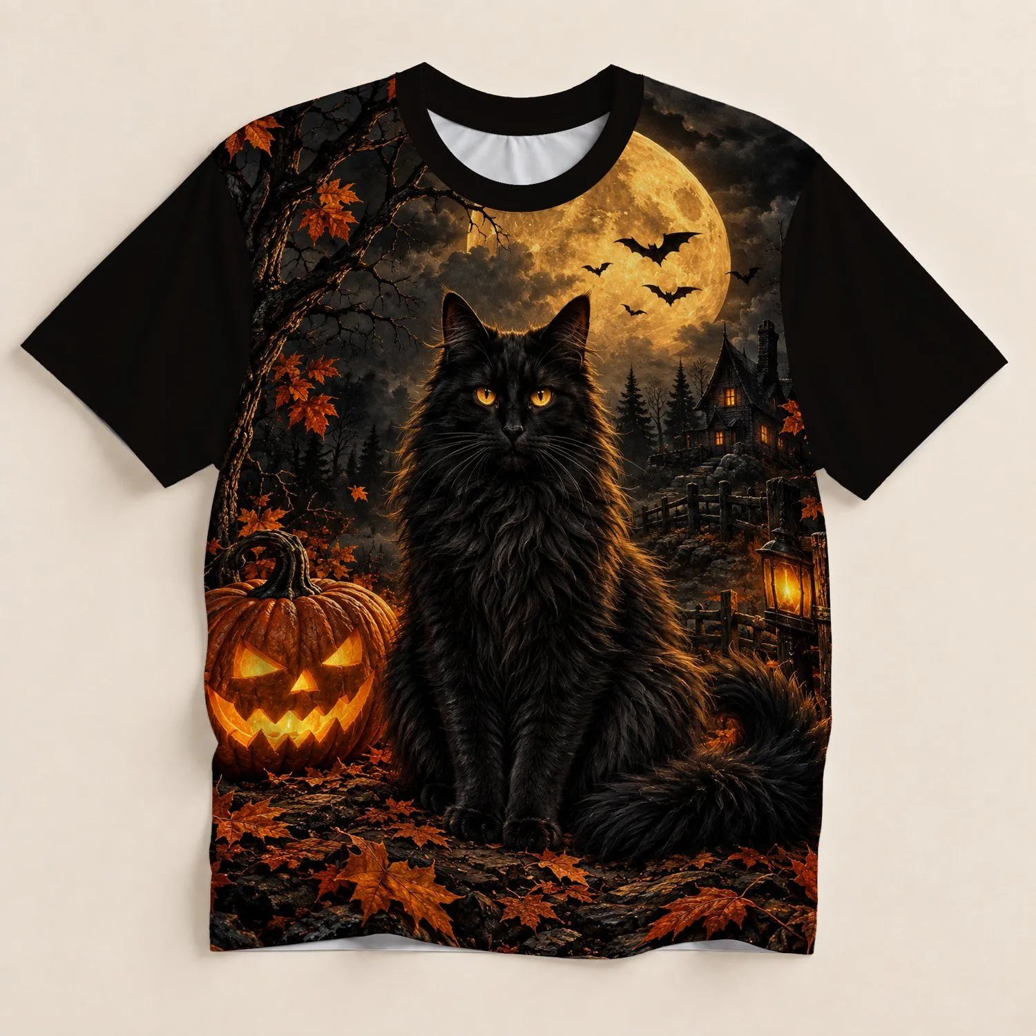Black Cat, Full Moon and Pumpkin Halloween Night for Autumn Seasonal Celebrations All-over Print Unisex T-shirt - 1