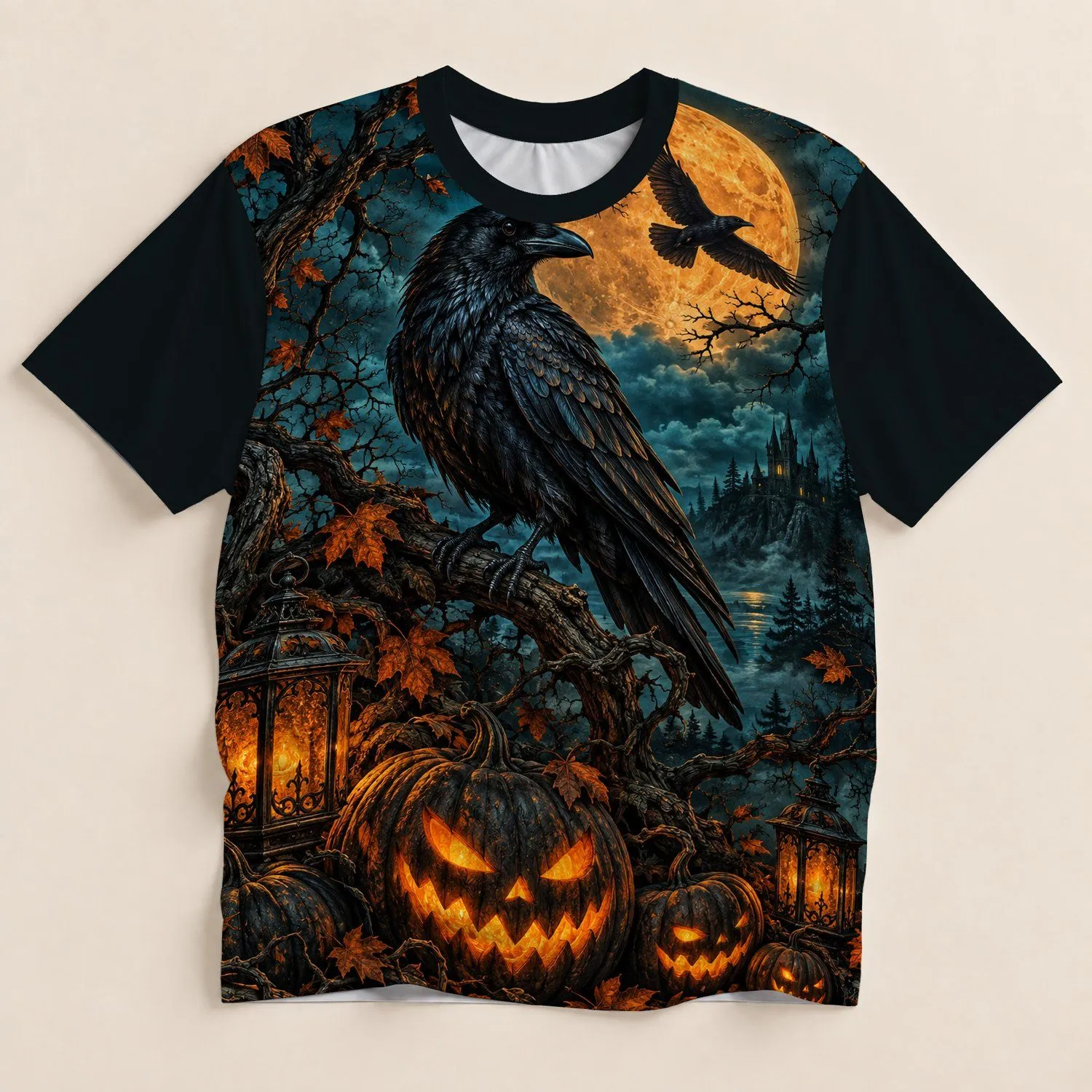 Full Moon Crow, Autumn Lanterns And Glowing Pumpkins For Halloween Night Celebrations All-over Print Unisex T-shirt - 1