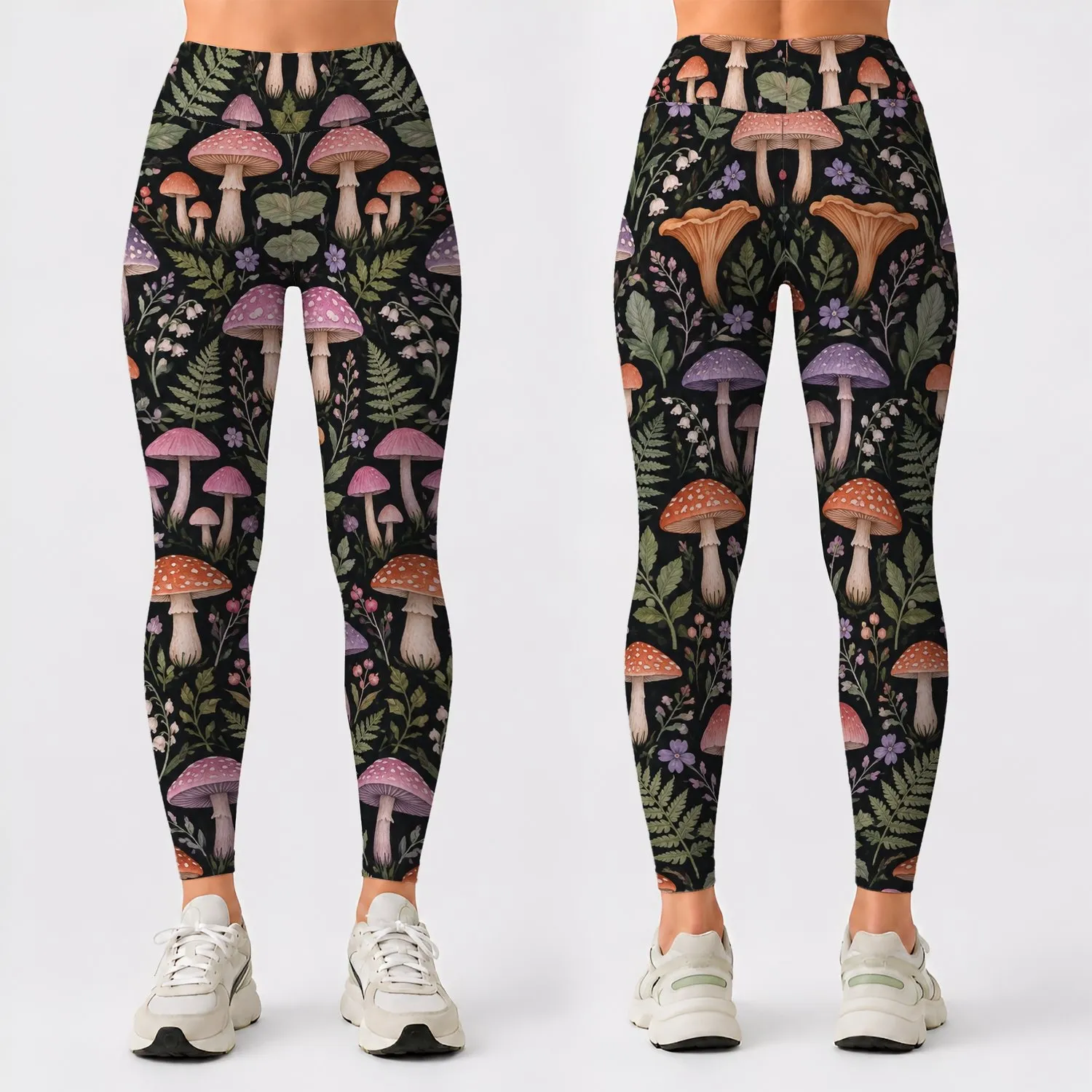 Colorful Woodland Mushrooms for Yoga, Hiking and Everyday Nature-Loving Women Outdoors Leggings - 1