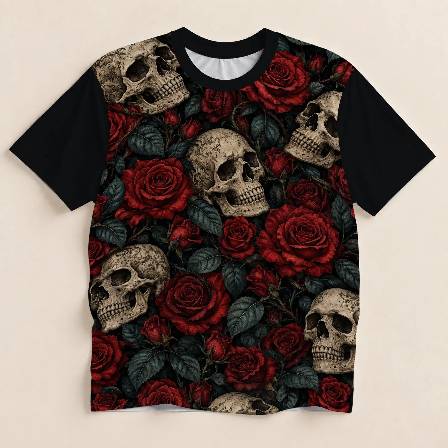 Red Rose And Ivory Skull Motifs For Halloween And Gothic Style Fans All-over Print Unisex T-shirt - 1