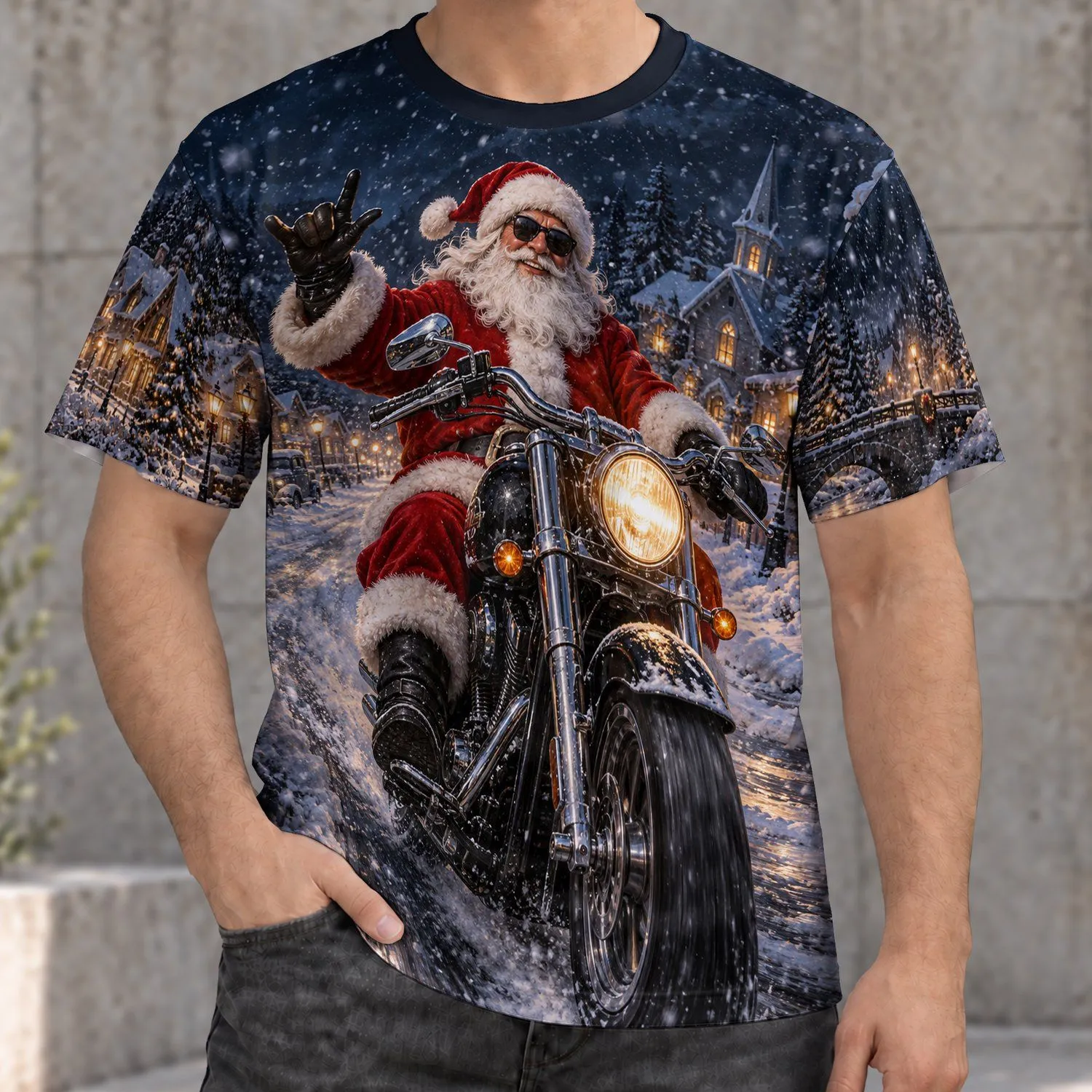 Santa Motorcycle Ride Through a Snowy Christmas Town for Holiday Adventurers All-over Print Unisex T-shirt - 1