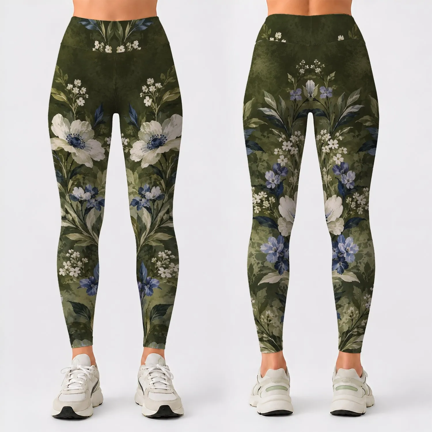 Olive Green Floral Blooms for Yoga, Running, and Everyday Fitness Training and Studio Wear Leggings - 1