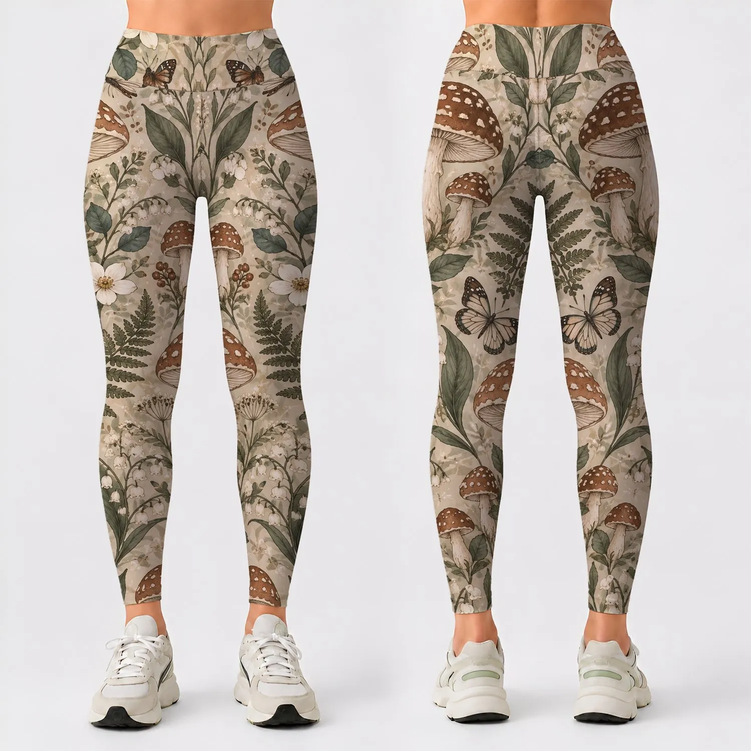 Spotted Toadstools and Sage Botanicals for Yoga, Pilates, and Everyday Nature-Loving Style Leggings - 1