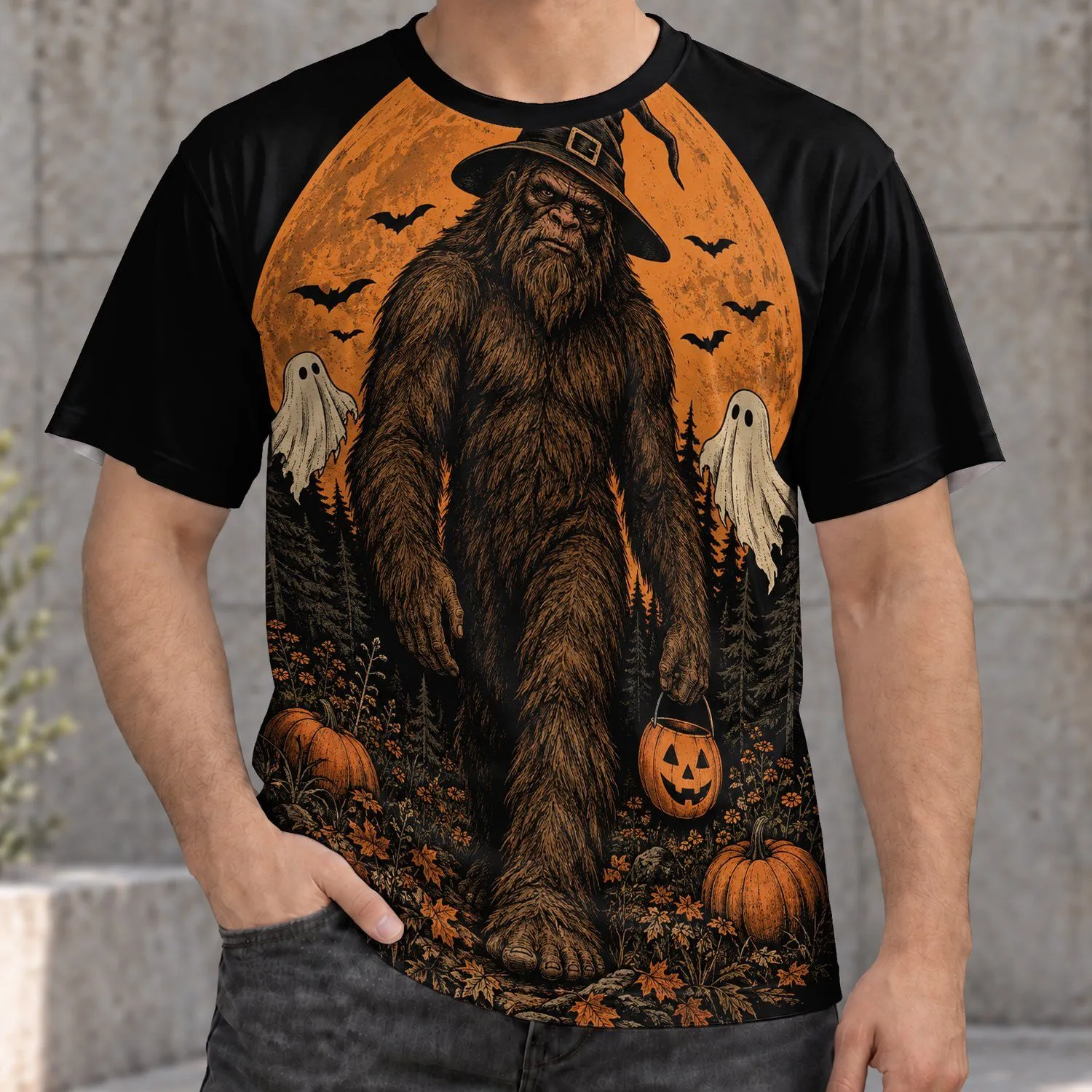 Shaggy Sasquatch Under Orange Moon for Halloween Night and Autumn Forest Fans All-over Print Unisex T-shirt - 1