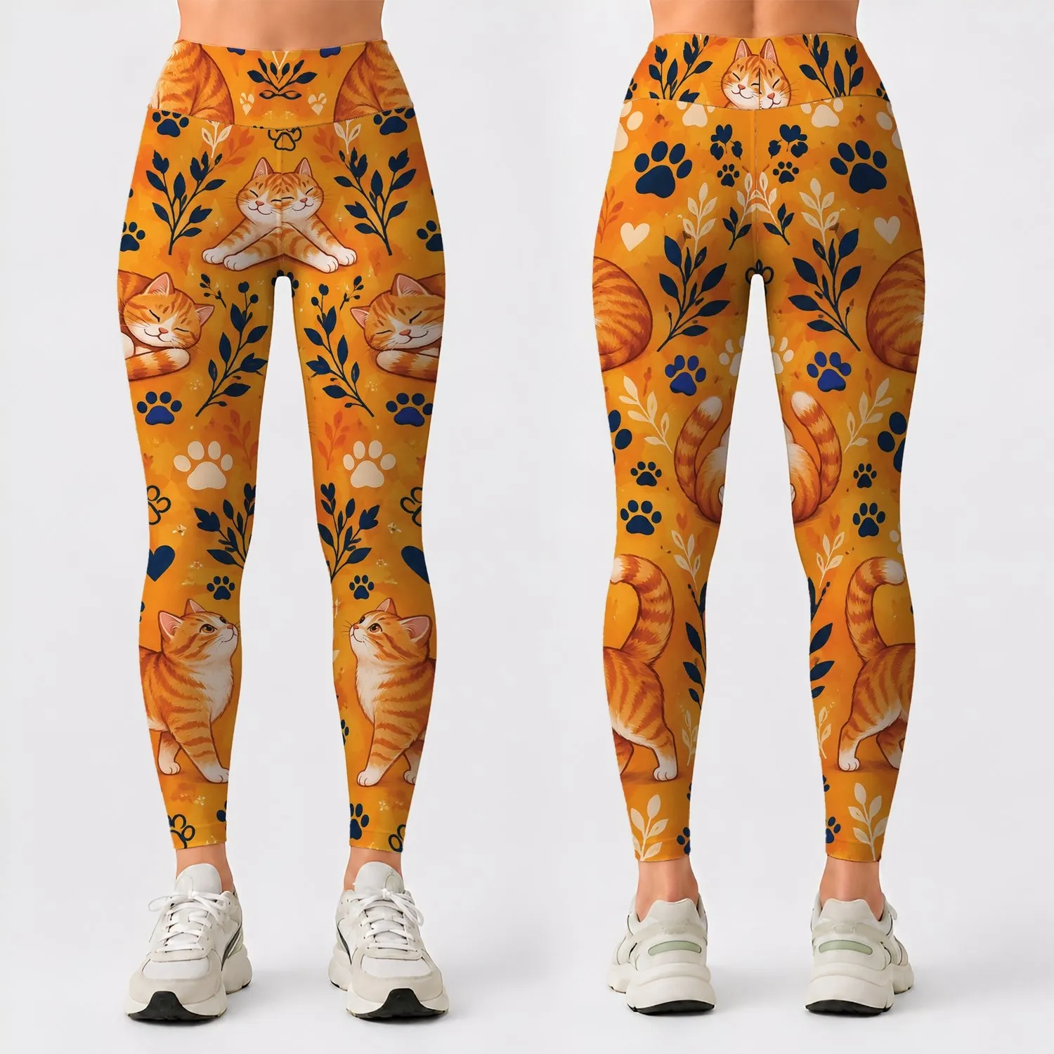 Cheerful Orange Cat And Dog Paw Motifs For Yoga, Pilates And Everyday Pet Lovers Leggings - 1