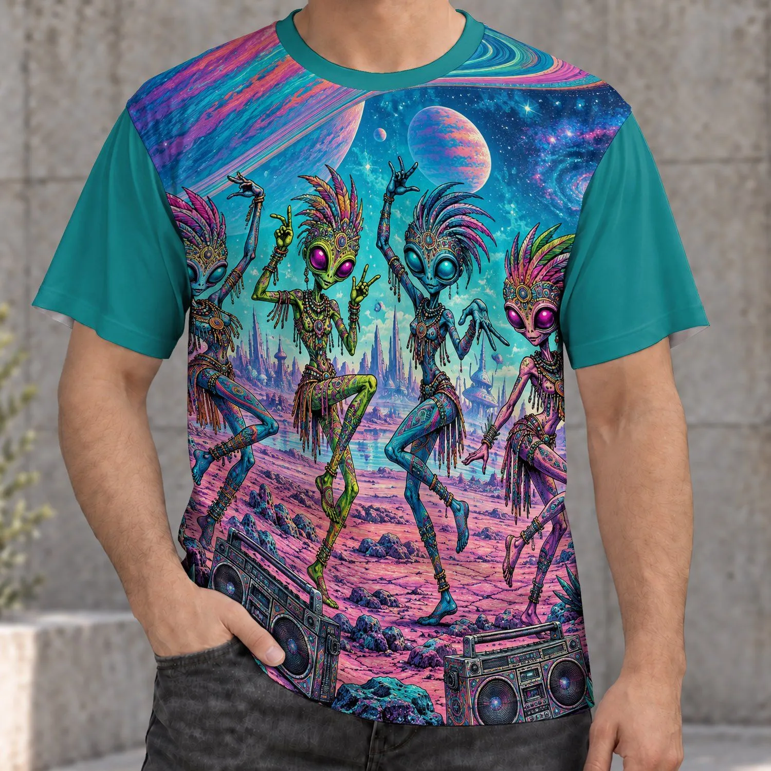 Dancing Aliens Beneath Ringed Planets for Festival Nights and Cosmic Music Lovers All-over Print Unisex T-shirt - 1