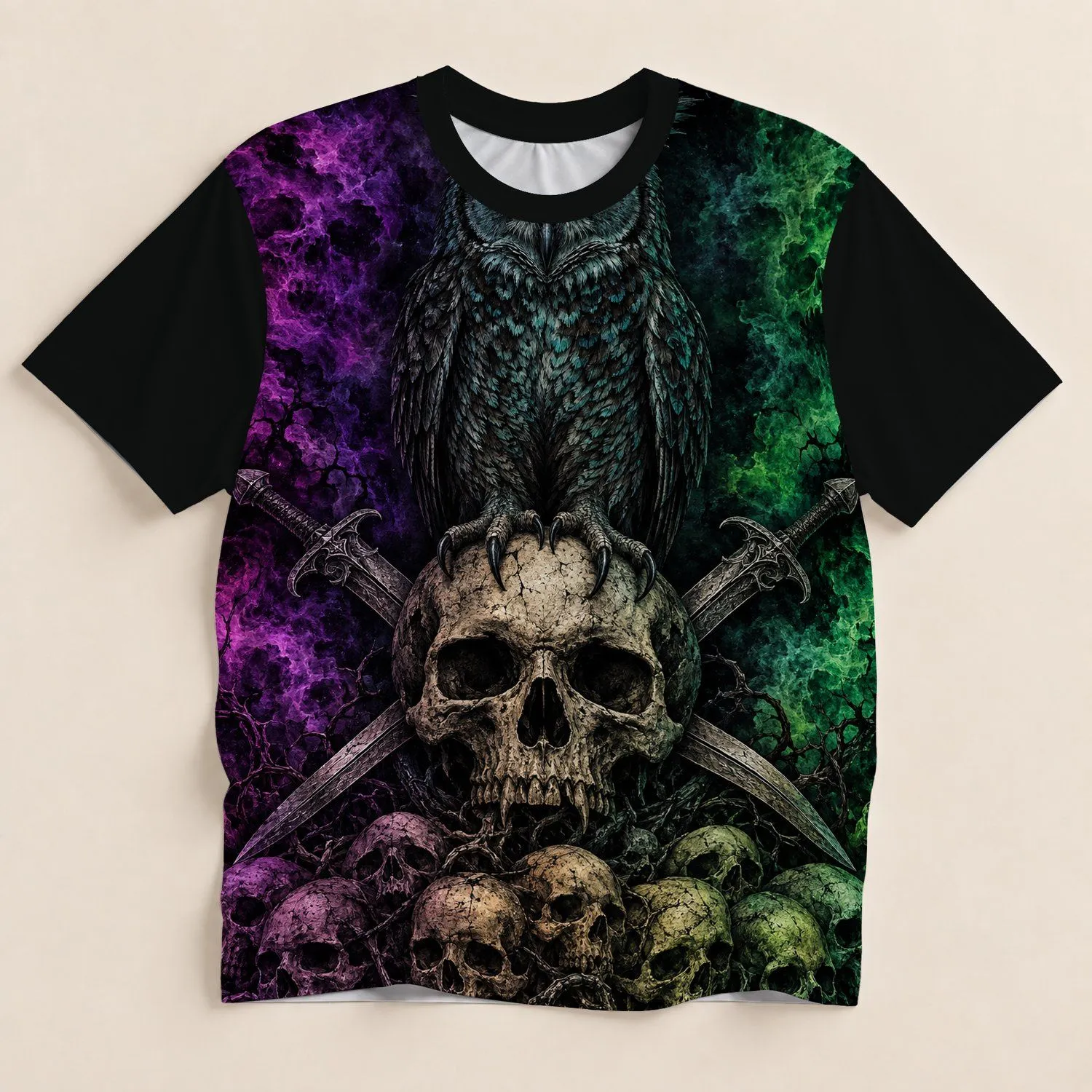 Gothic Owl And Skull With Crossed Swords For Camping And Outdoor Adventure All-over Print Unisex T-shirt - 1