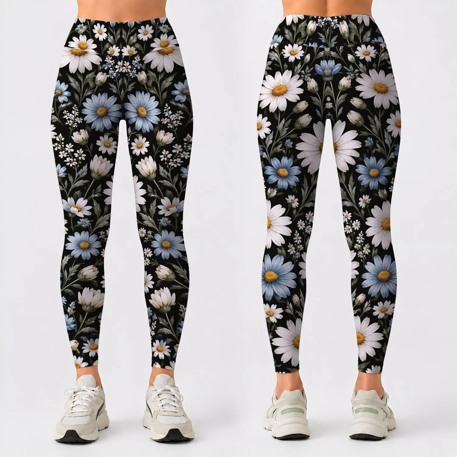 White Daisy And Blue Wildflower Blooms For Yoga, Pilates And Everyday Wear Leggings - 1