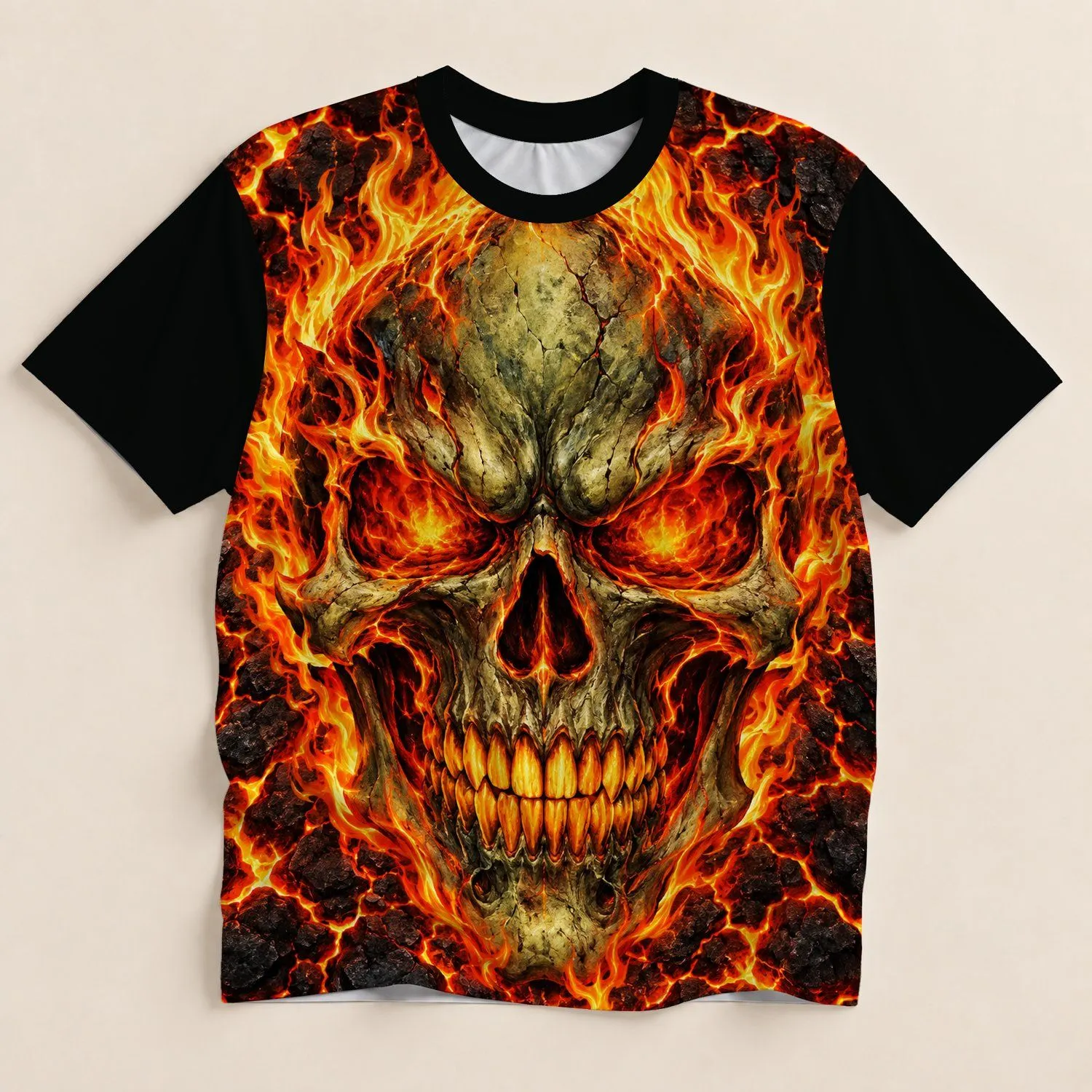 Flaming Skull and Molten Cracks for Halloween Nights and Bold Outdoor Style All-over Print Unisex T-shirt - 1
