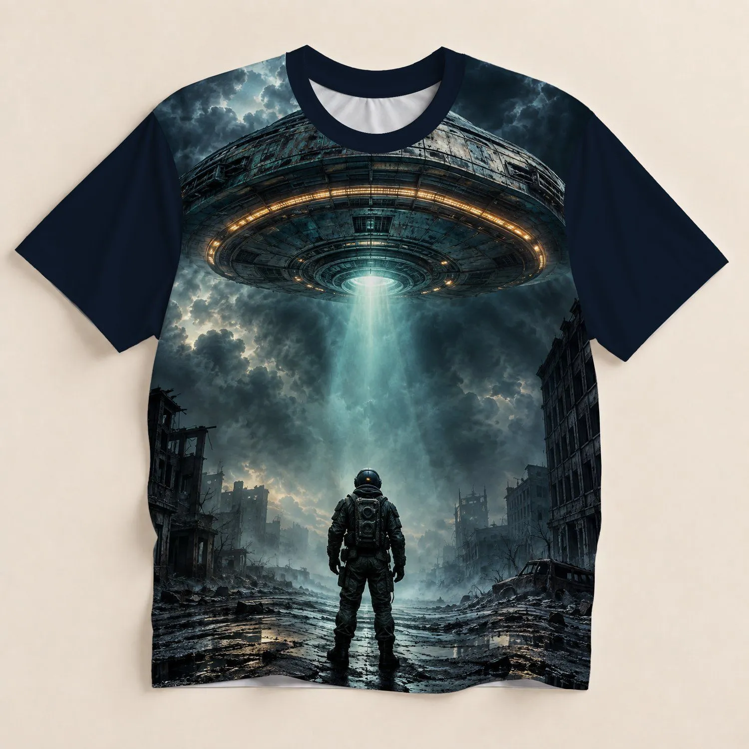 UFO Abduction Over a Foggy City for Everyday Sci-Fi Adventures and Casual Weekend Wear All-over Print Unisex T-shirt - 1