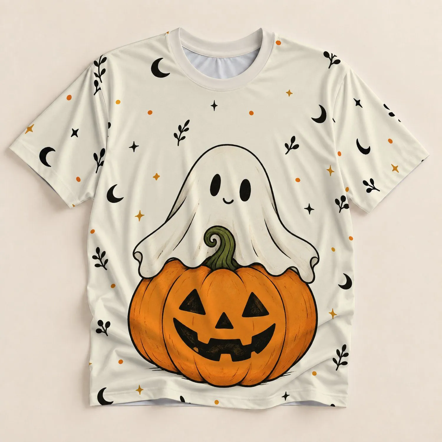 Cute Ghost Jack-O'-Lantern for Halloween Parties and Seasonal Fall Outings All-over Print Unisex T-shirt - 1