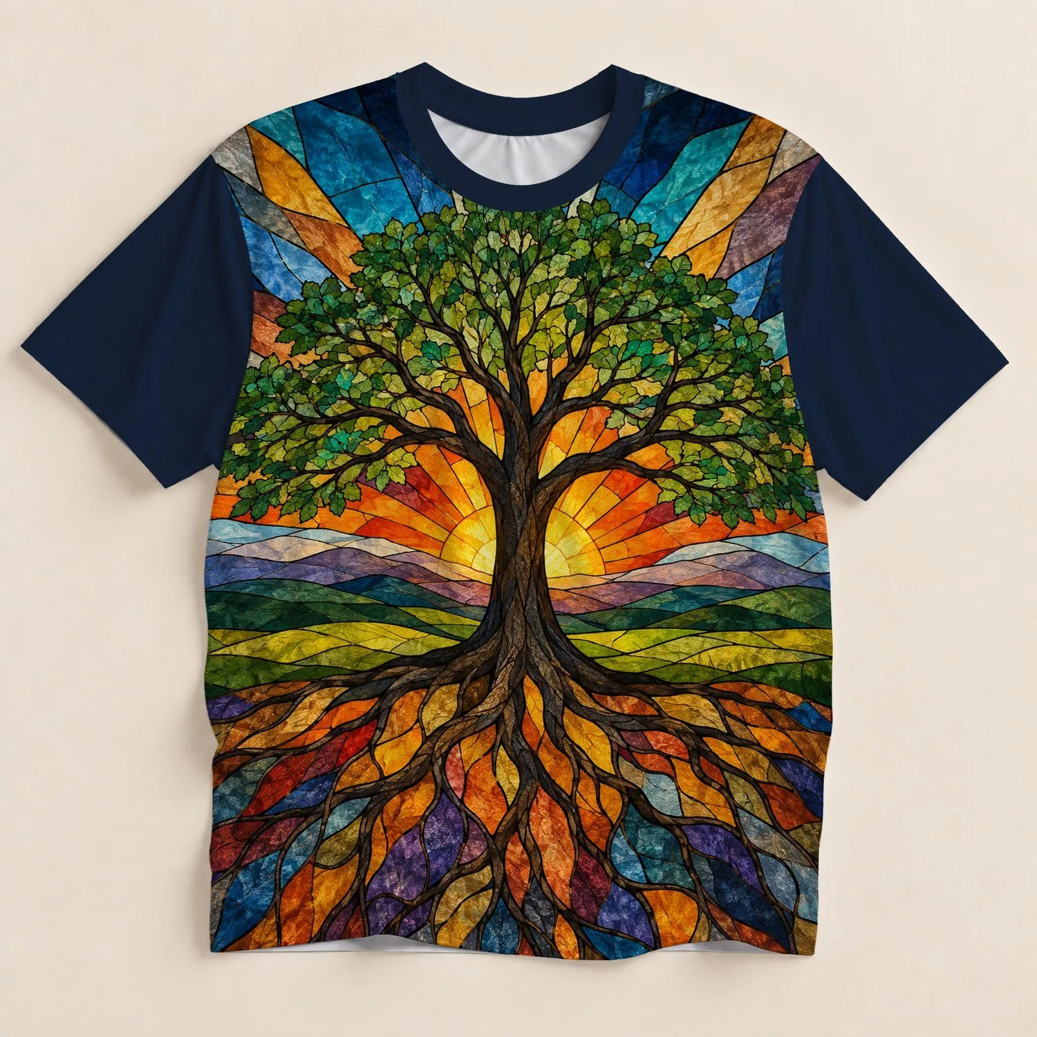 Radiant Stained Glass Tree of Life for Nature Lovers and Colorful Everyday Style All-over Print Unisex T-shirt - 1