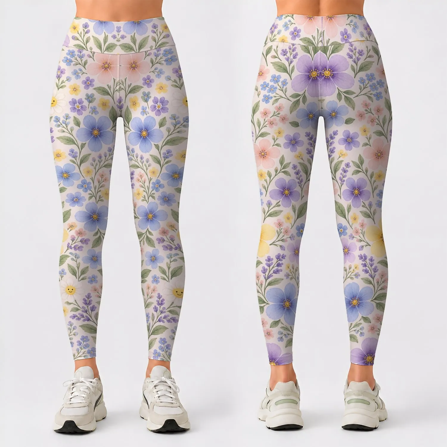 Pastel Daisies And Smiling Blossoms For Spring Yoga And Everyday Movement Leggings - 1