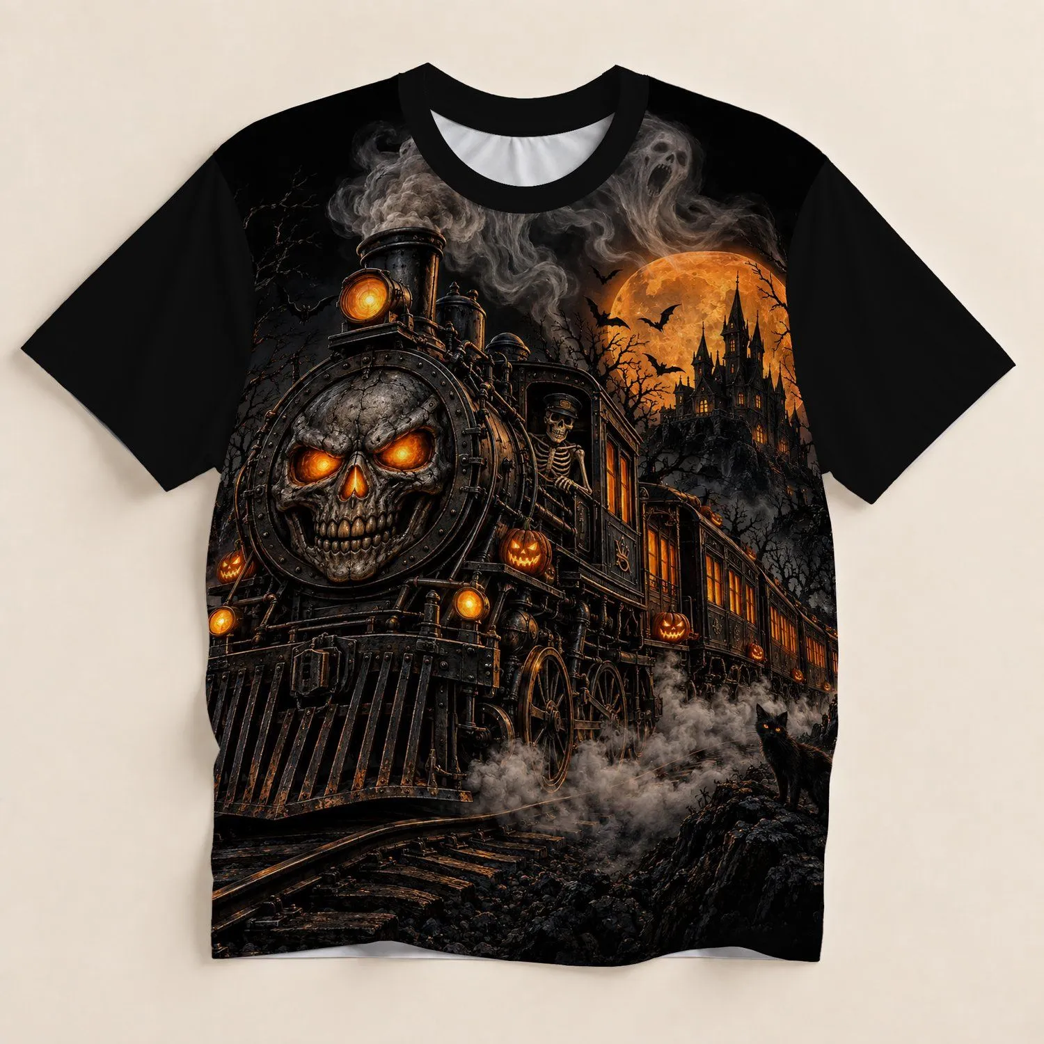 Haunted Pumpkin Locomotive with Skeleton Conductor for Halloween Night Celebrations All-over Print Unisex T-shirt - 1