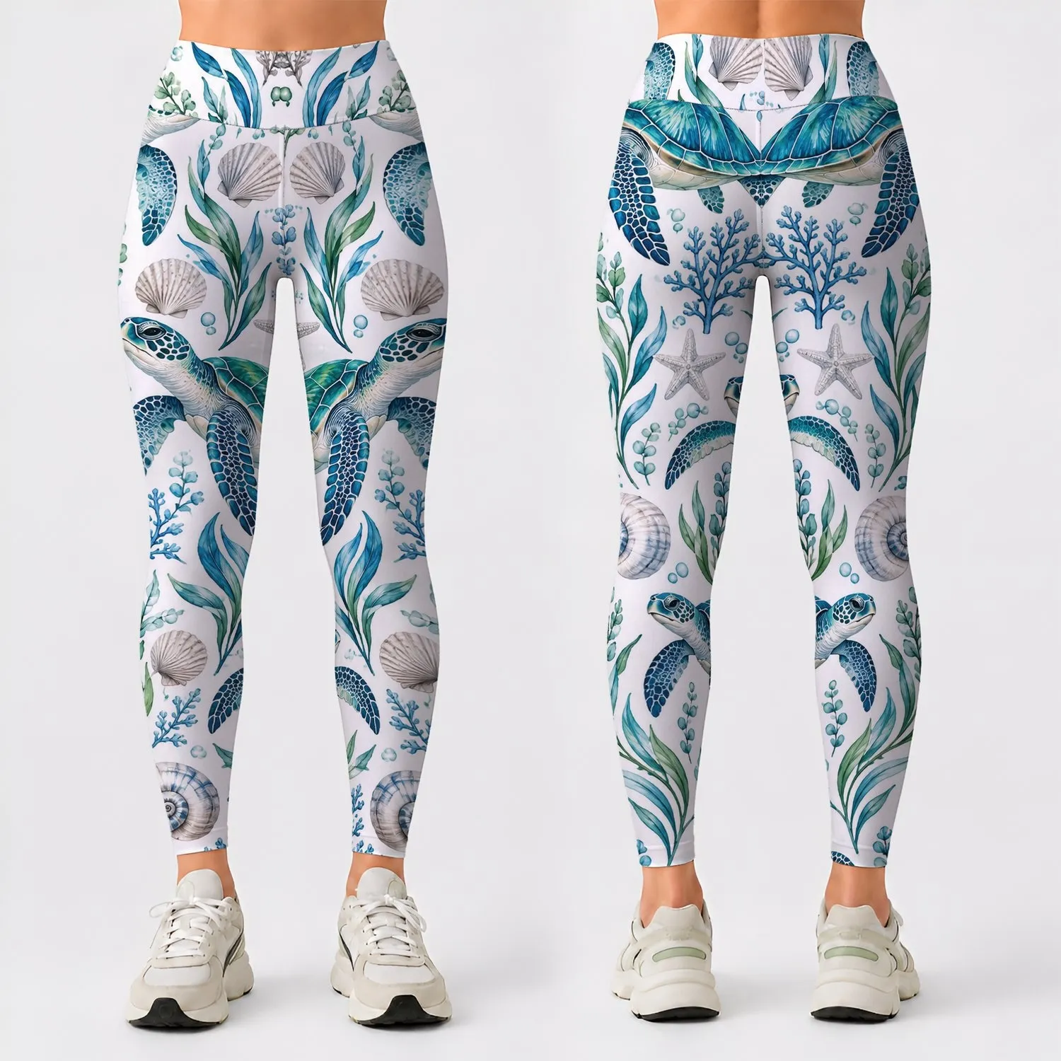 Sea Turtle and Seashell Coastal Motifs for Yoga, Running and Active Coastal Women Leggings - 1