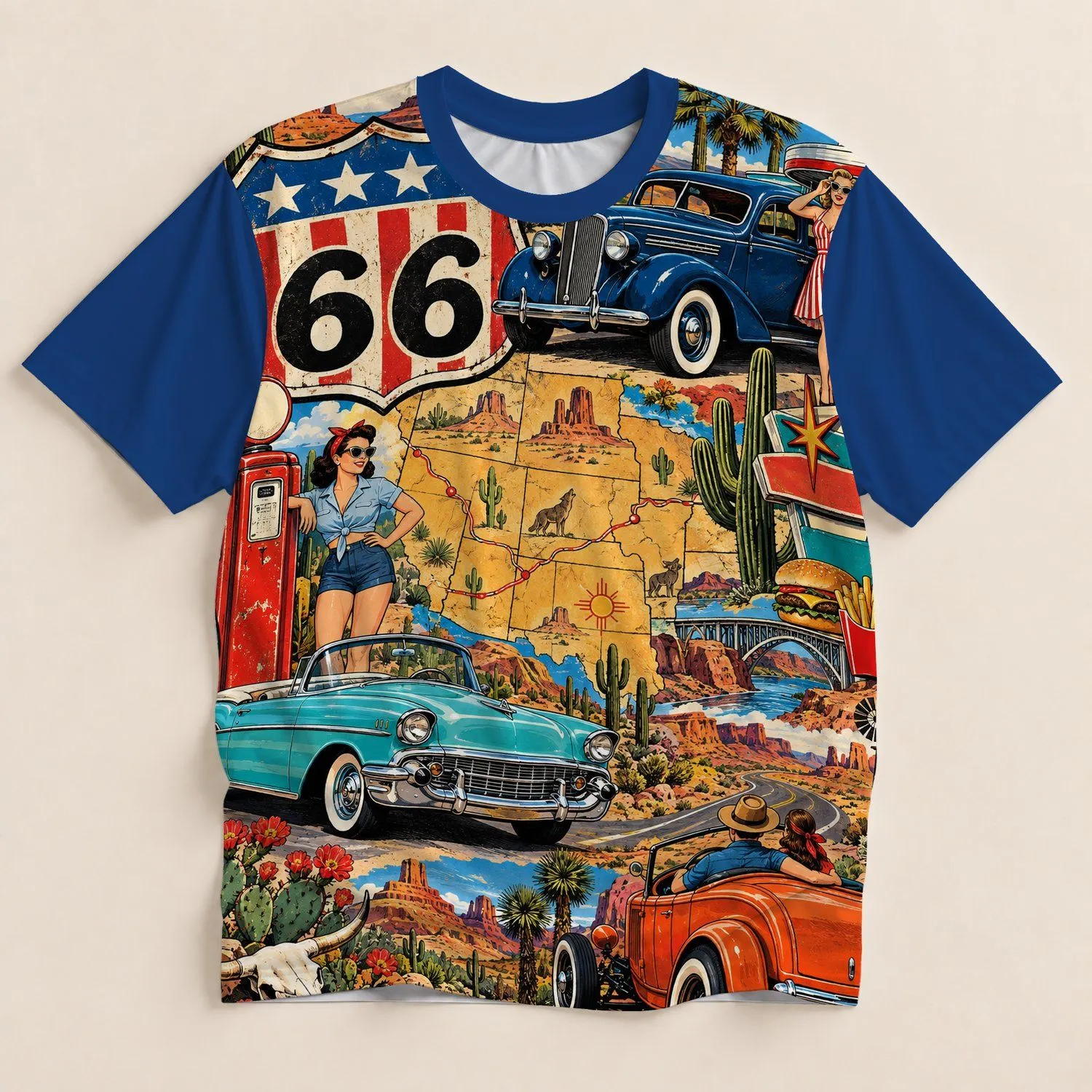 Vintage Highway Cars and Americana Collage for Summer Road Trip Adventures All-over Print Unisex T-shirt - 1