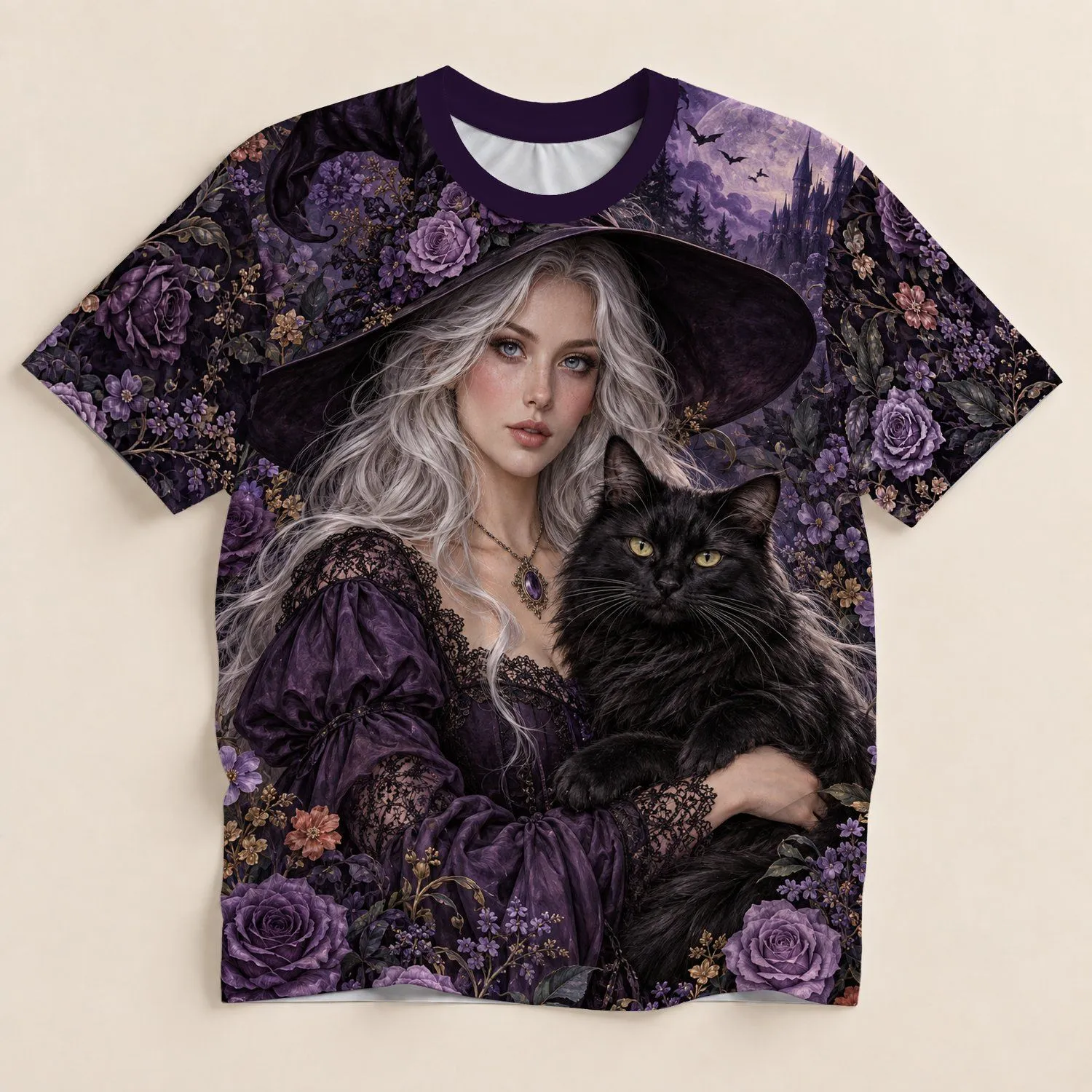 Witch and Black Cat Among Purple Roses for Halloween, Women's Gothic Style All-over Print Unisex T-shirt - 1