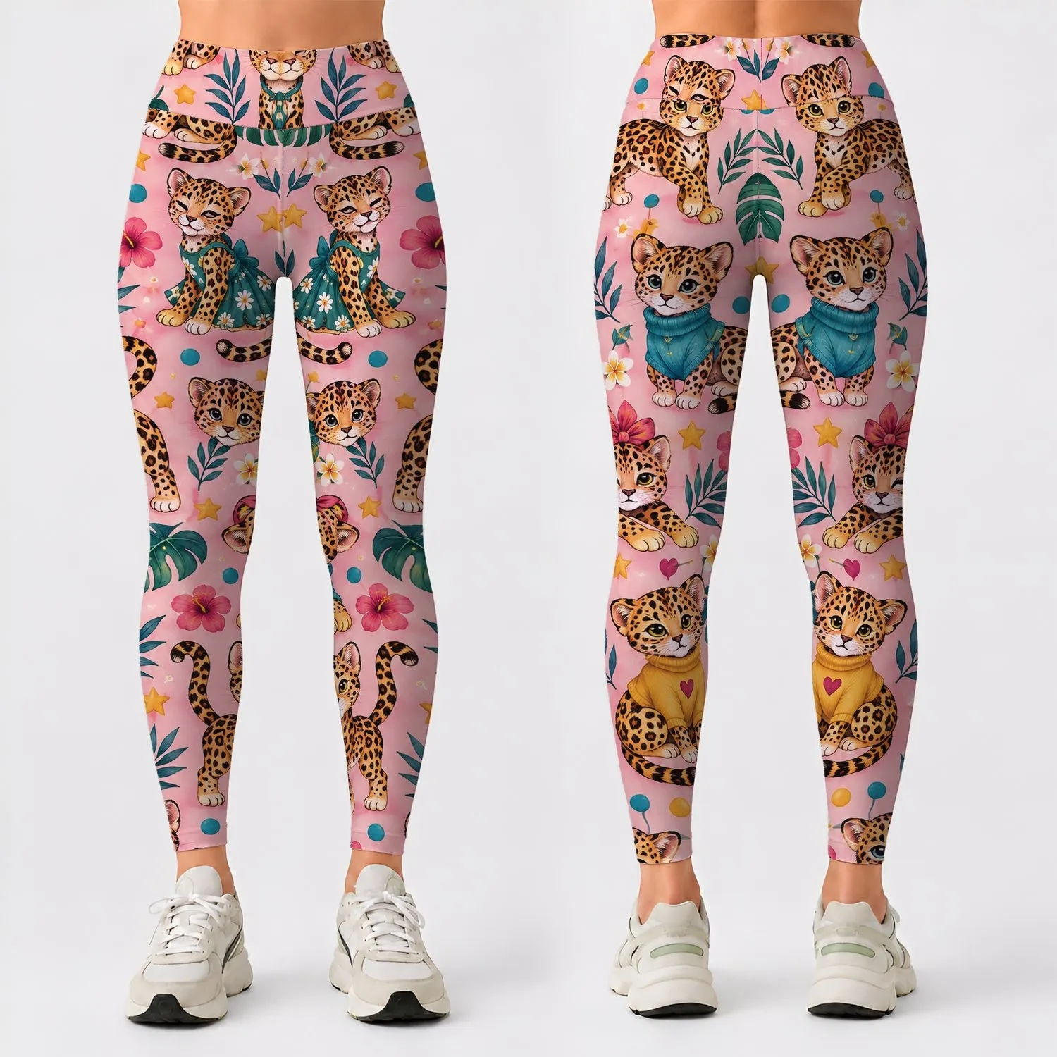 Cute Leopard Cats and Colorful Stars for Playful Yoga and Everyday Fitness Style Leggings - 1