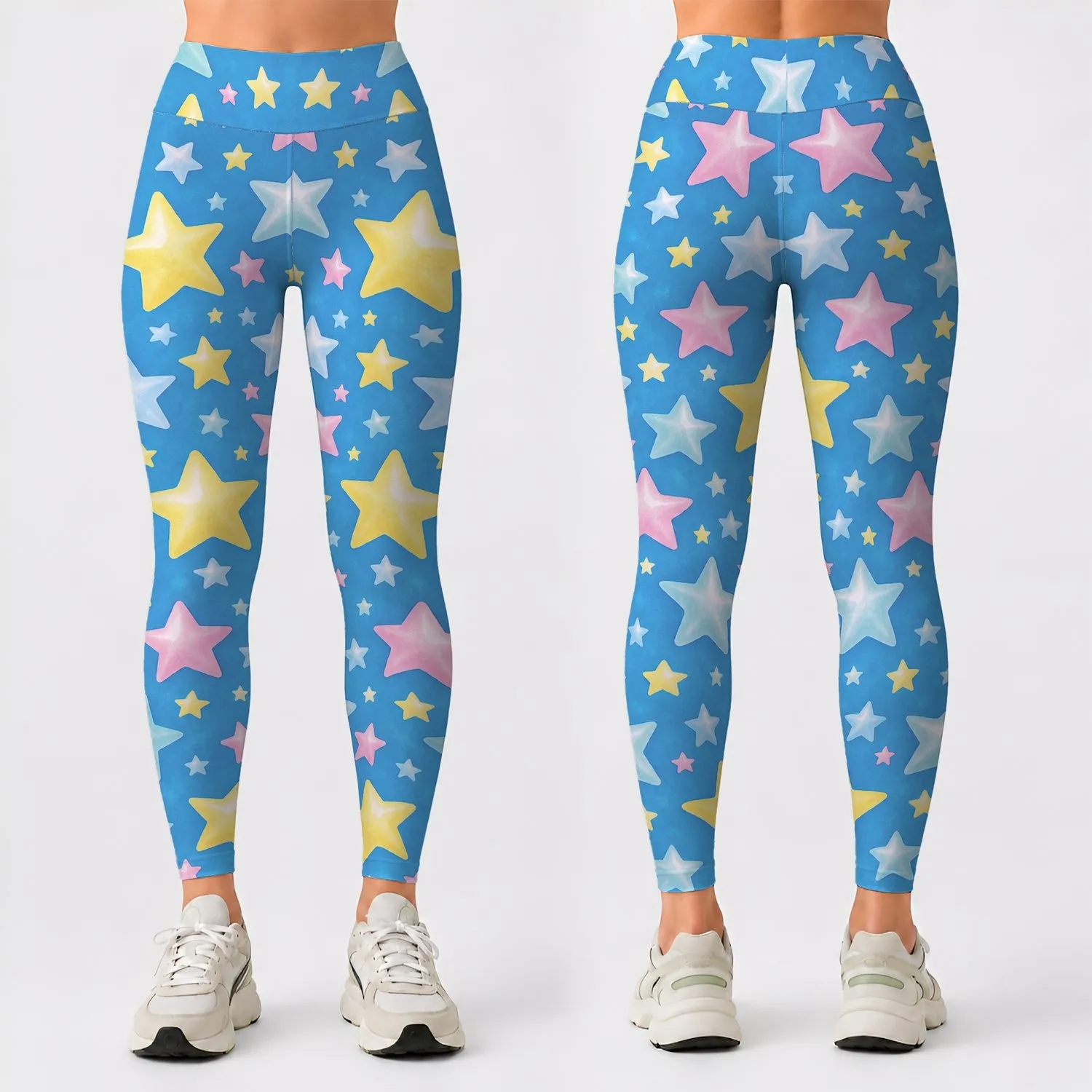 Sky Blue Pastel Stars and Celestial Motifs for Yoga Pilates and Everyday Wear for Women Leggings - 1