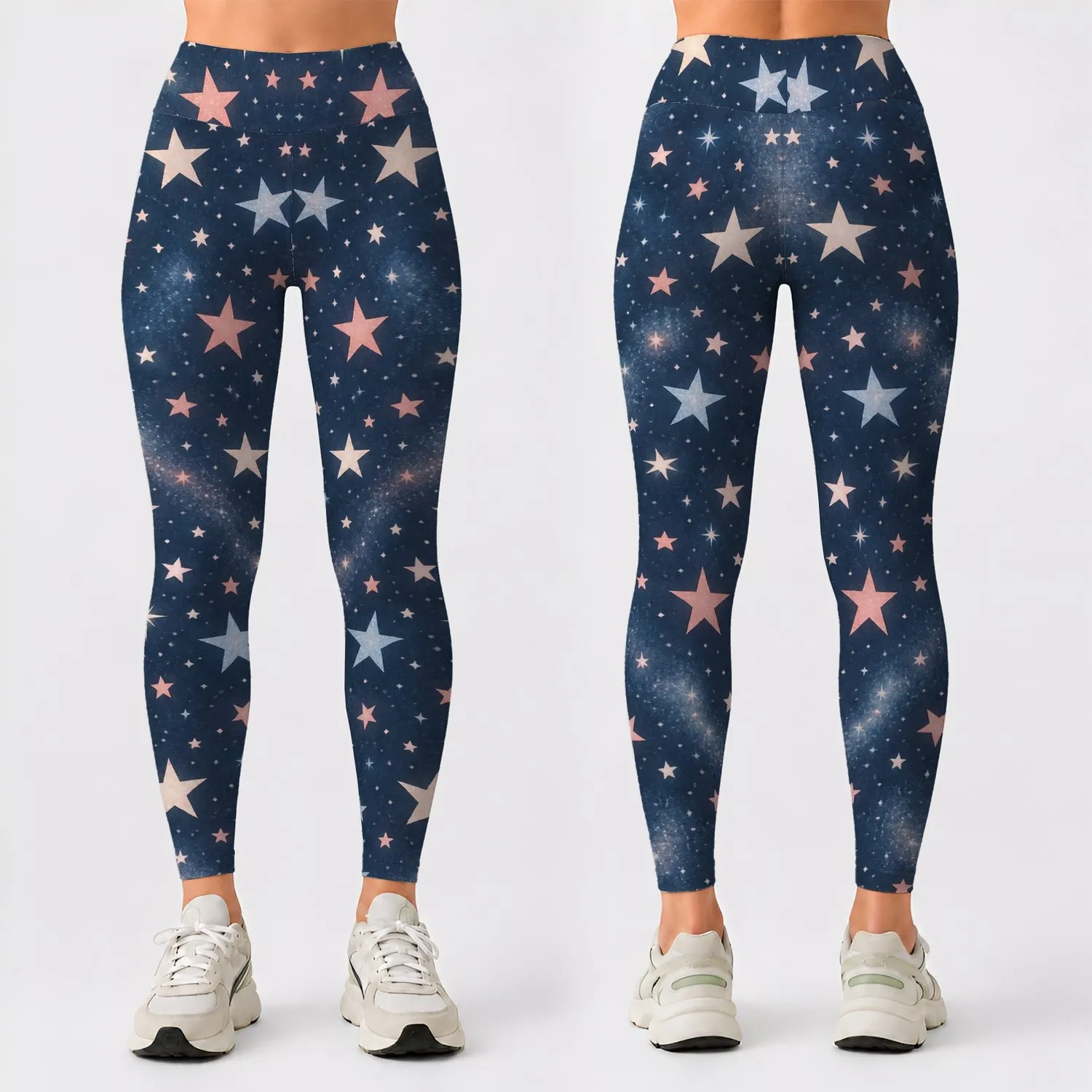 Dusty Rose and Blue Celestial Stars for Yoga, Pilates, Gym Days and Casual Outings Leggings - 1