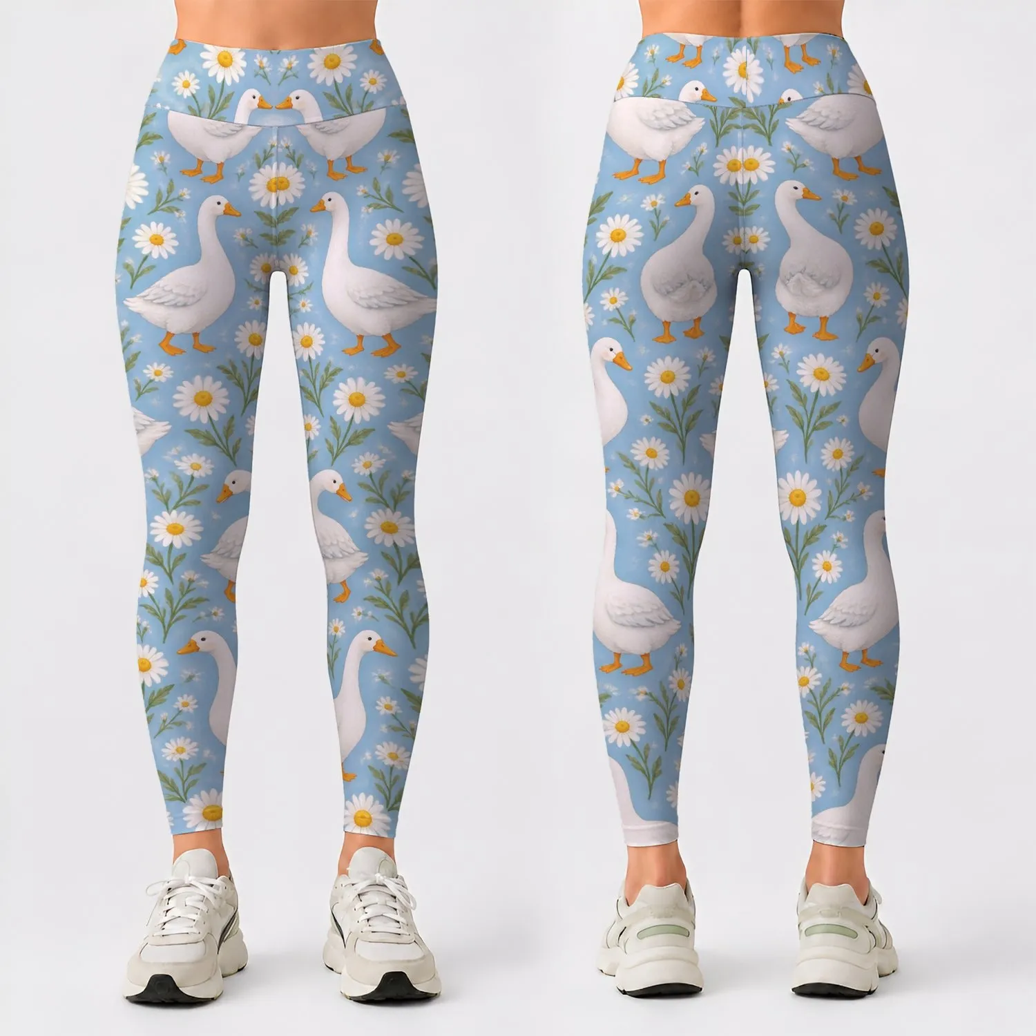 White Geese And Daisies For Yoga, Pilates, And Everyday Casual Wear Leggings - 1