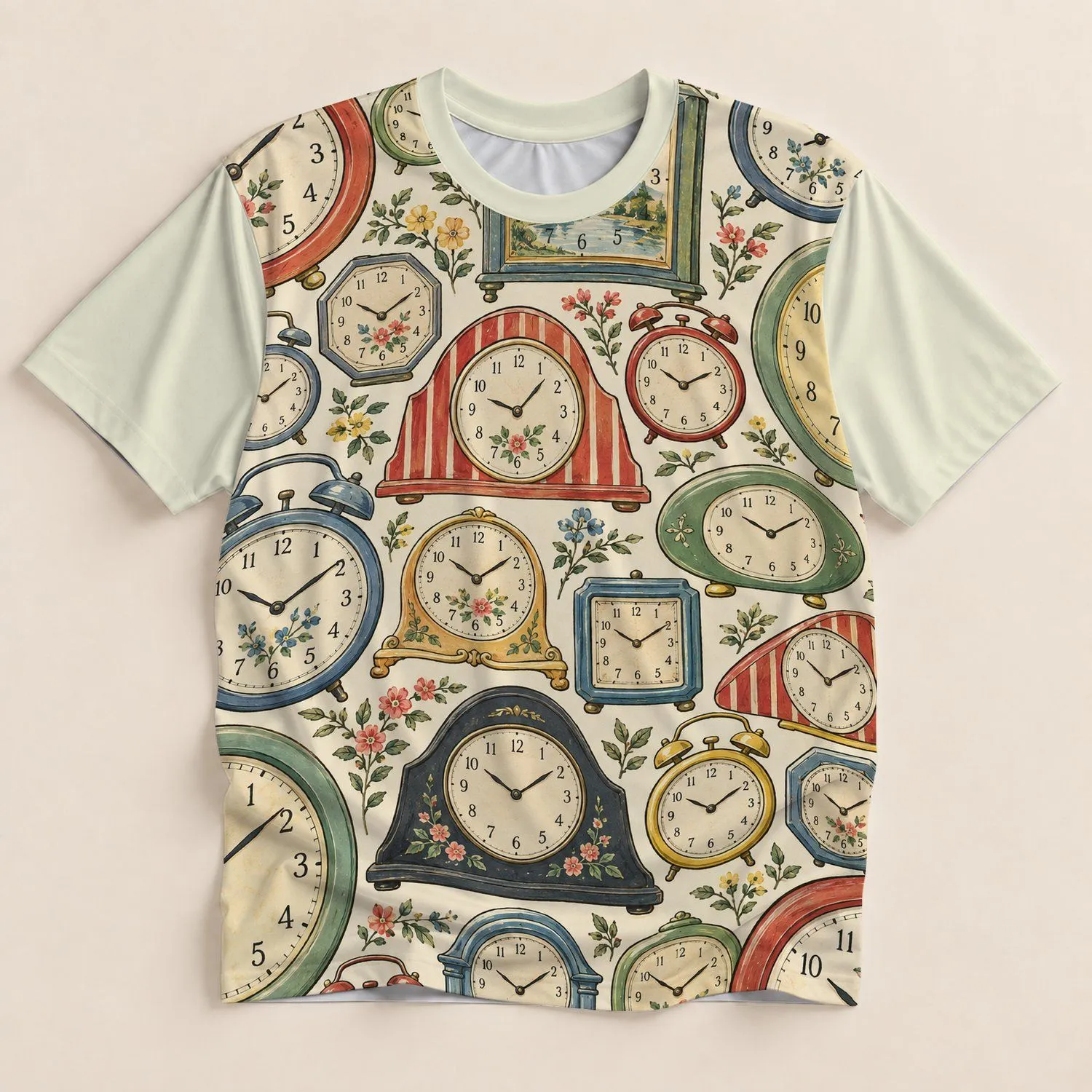Vintage Clock Faces and Floral Accents for Relaxed Spring Days and Everyday Style All-over Print Unisex T-shirt - 1