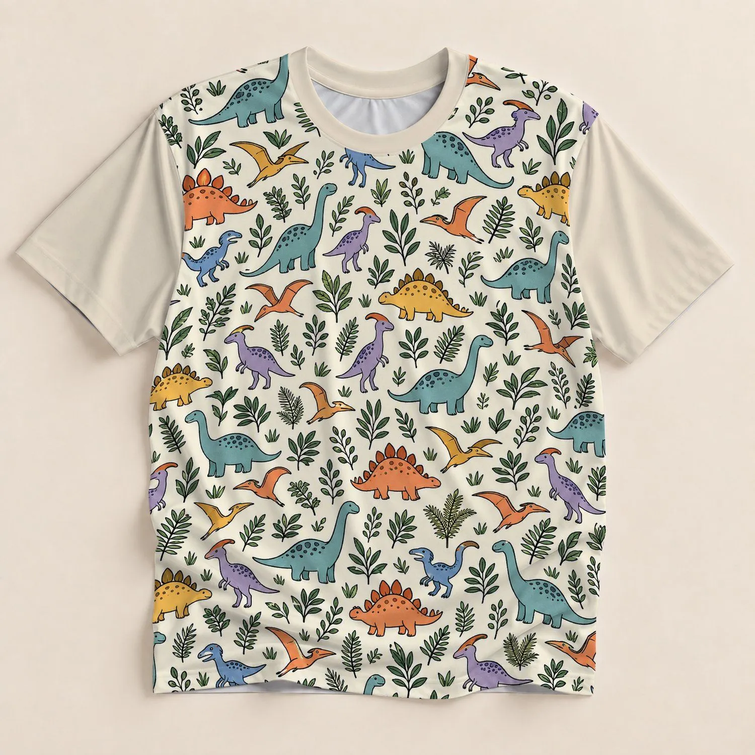Colorful Dinosaur And Fern Motifs For Playful Weekend Outings And Everyday Casual Wear All-over Print Unisex T-shirt - 1