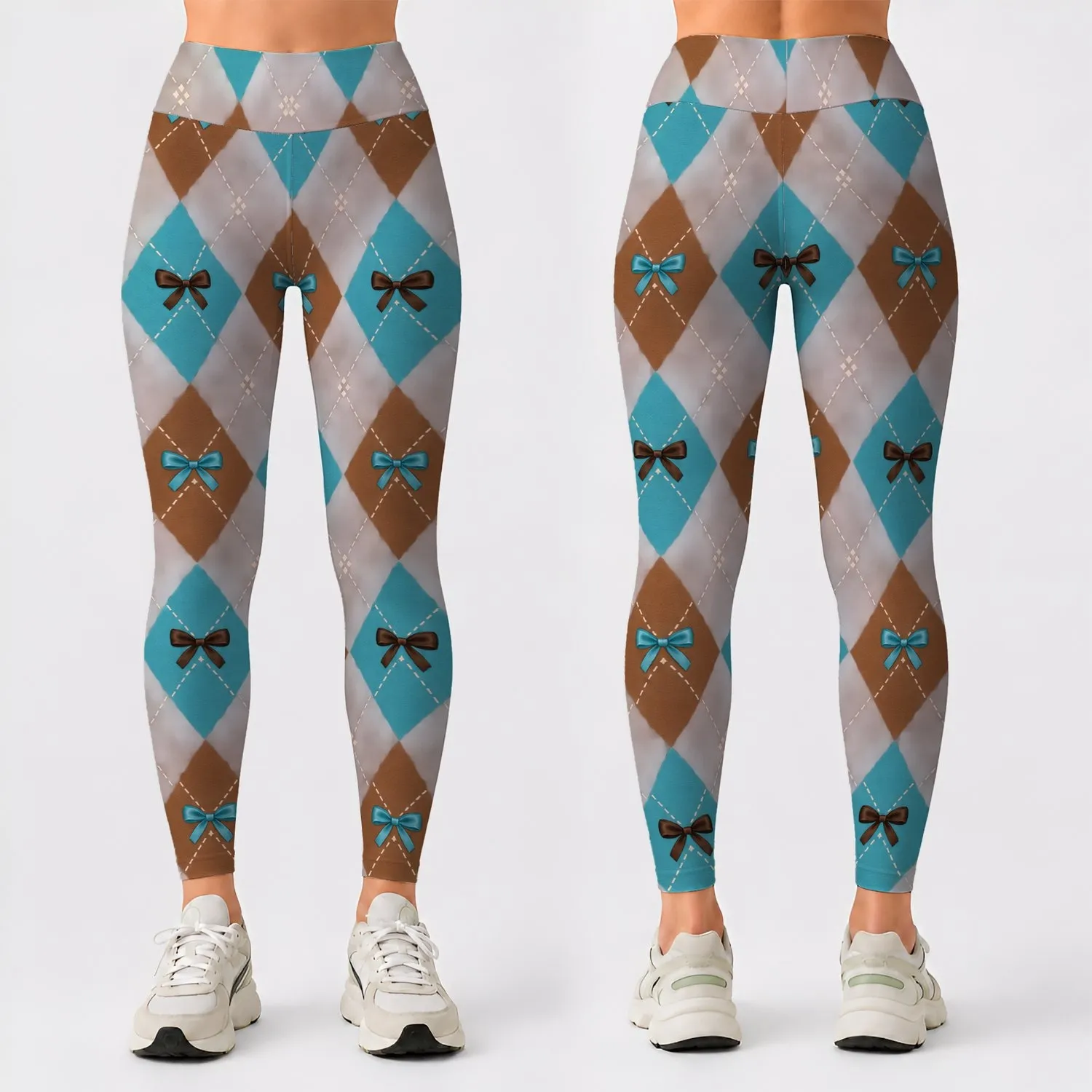 Turquoise And Chestnut Argyle Bows For Yoga, Running And Everyday Active Style For Her Leggings - 1