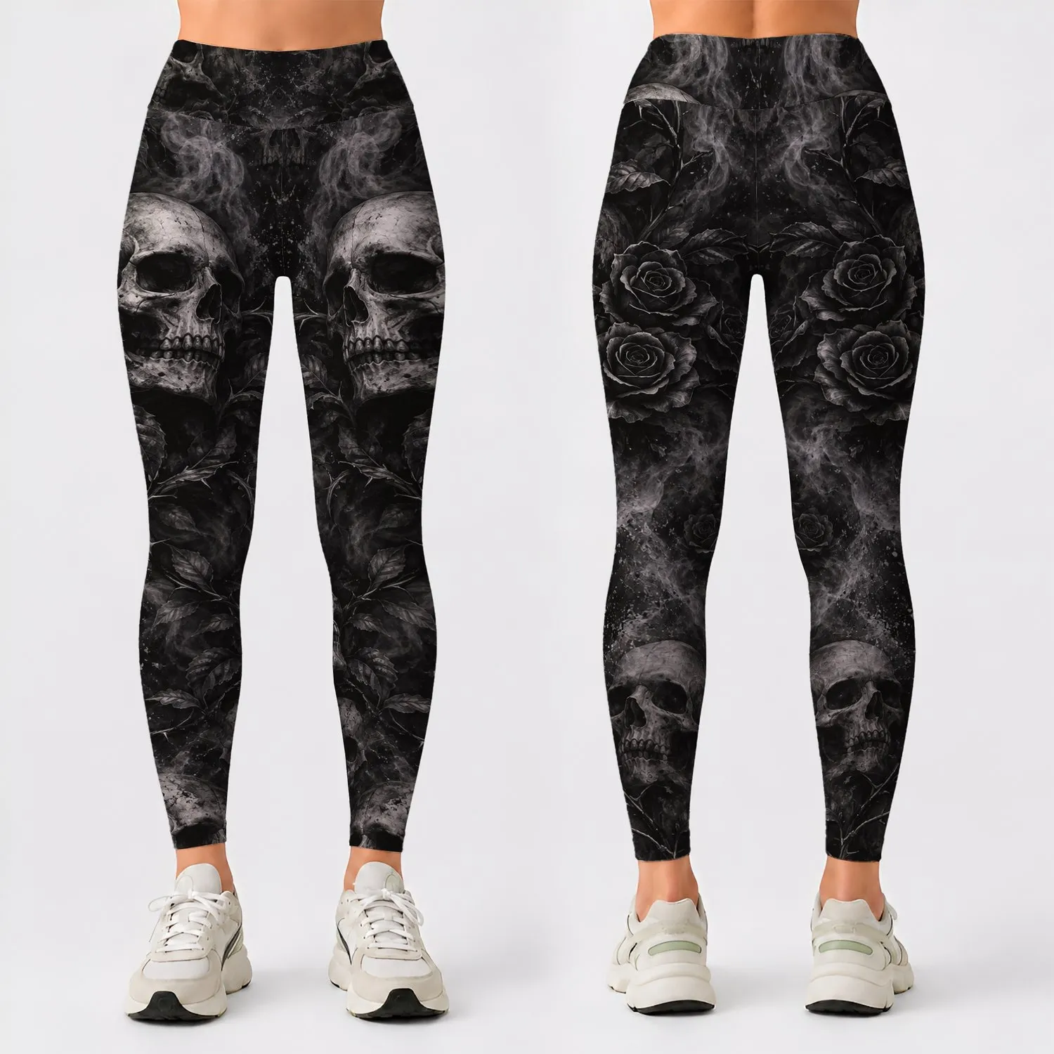 Charcoal Skull Motifs for Gothic Gym Training, Running, and Everyday Fitness Style Leggings - 1