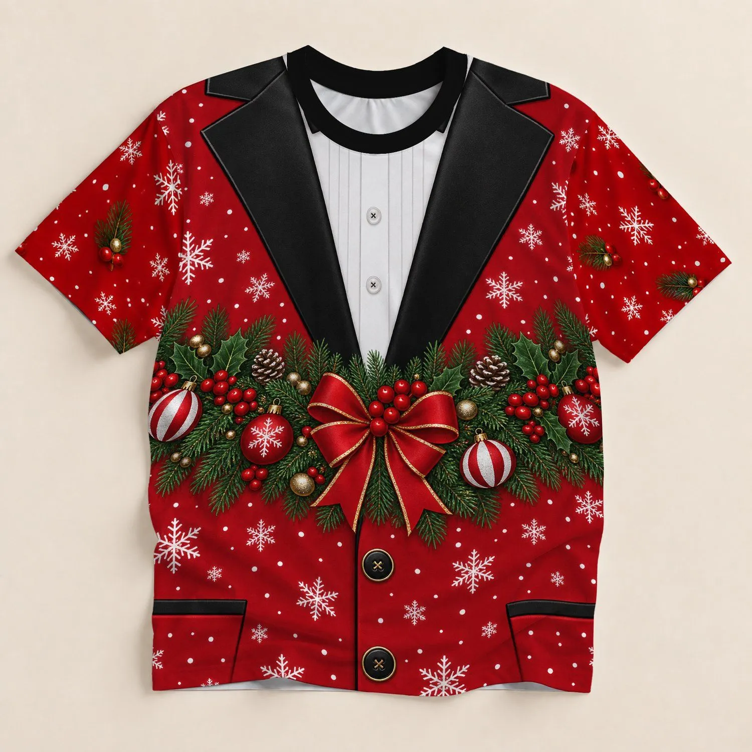 Red Tuxedo Christmas Outfit with Evergreen and Snowflakes for Holiday Parties All-over Print Unisex T-shirt - 1