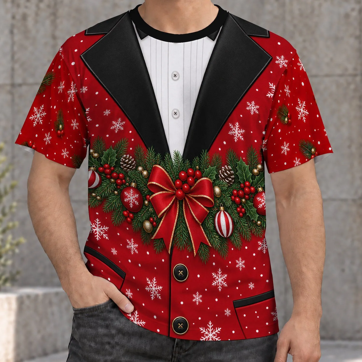 Red Tuxedo Christmas Outfit with Evergreen and Snowflakes for Holiday Parties All-over Print Unisex T-shirt - 1