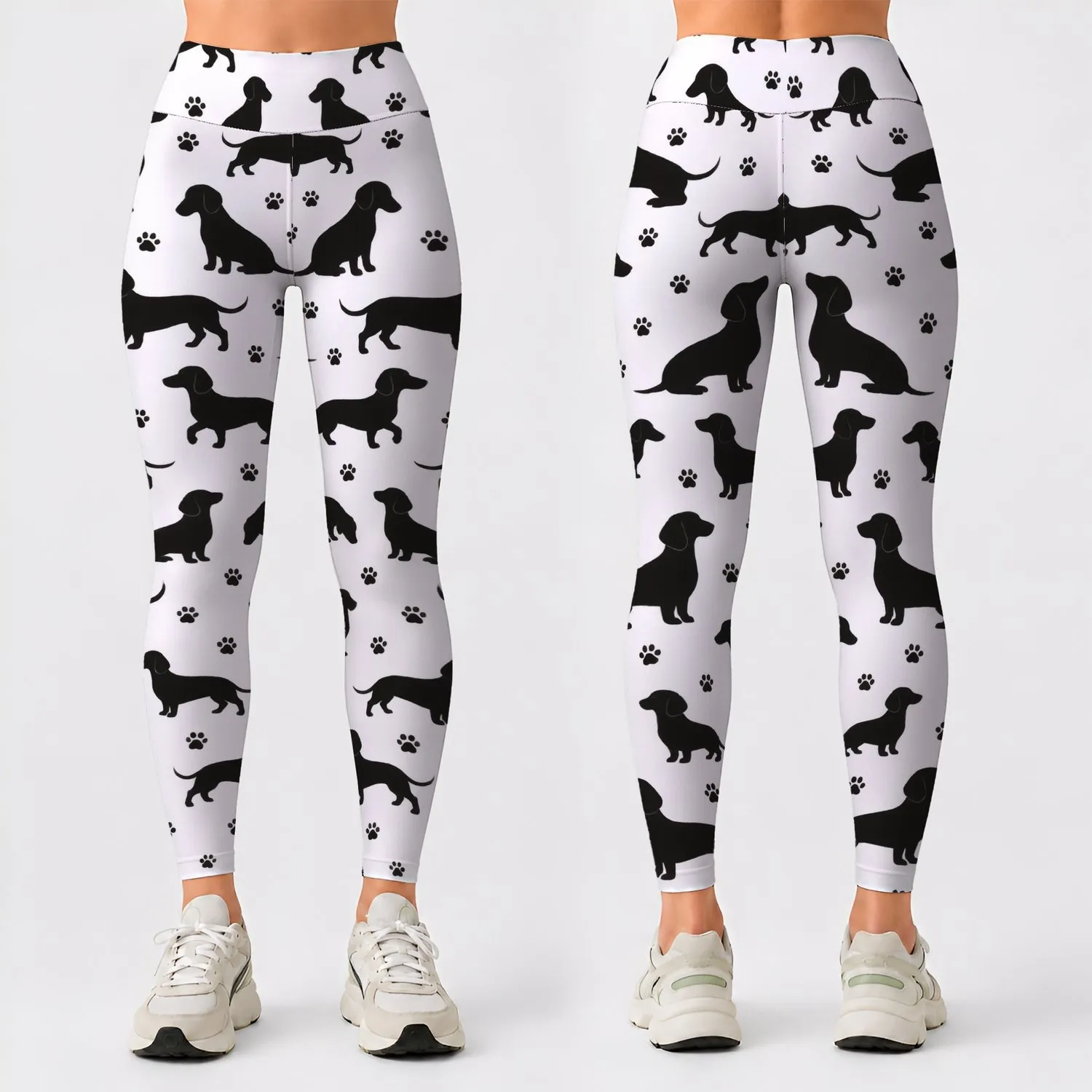 Black Dachshund Silhouettes for Playful Yoga Sessions and Everyday Dog Lover Style Leggings - 1