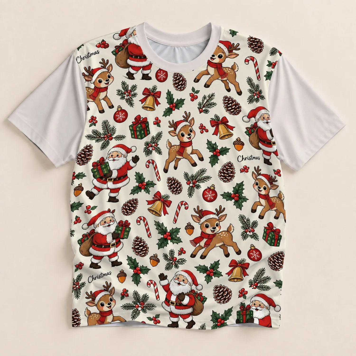 Santa Reindeer Holly and Pine Cones for Cheerful Christmas Holiday Celebrations All-over Print Unisex T-shirt - 1