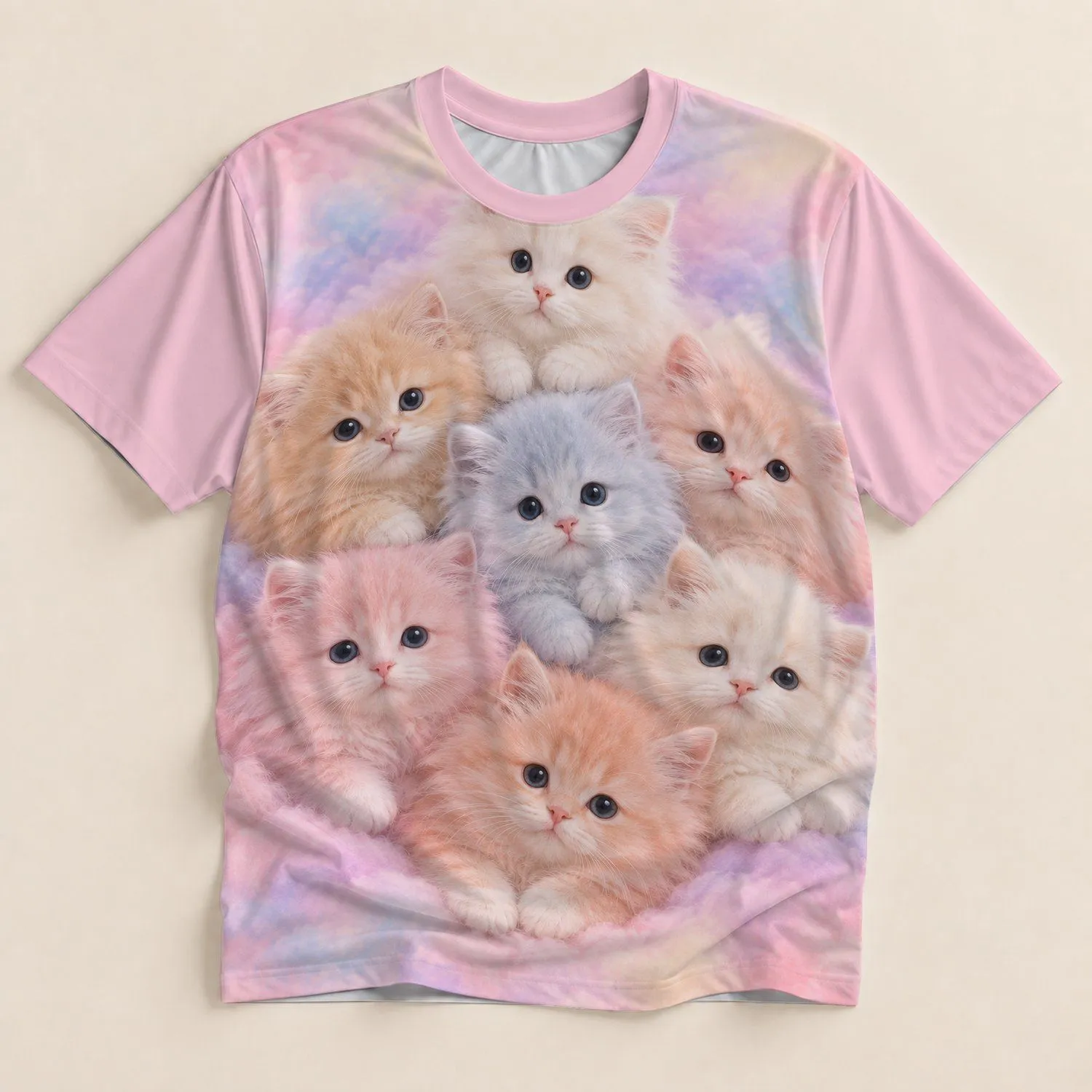 Pastel Plush Kitten Group for Cozy Cat Lover Days and Sweet Everyday Style Gifts All-over Print Unisex T-shirt - 1