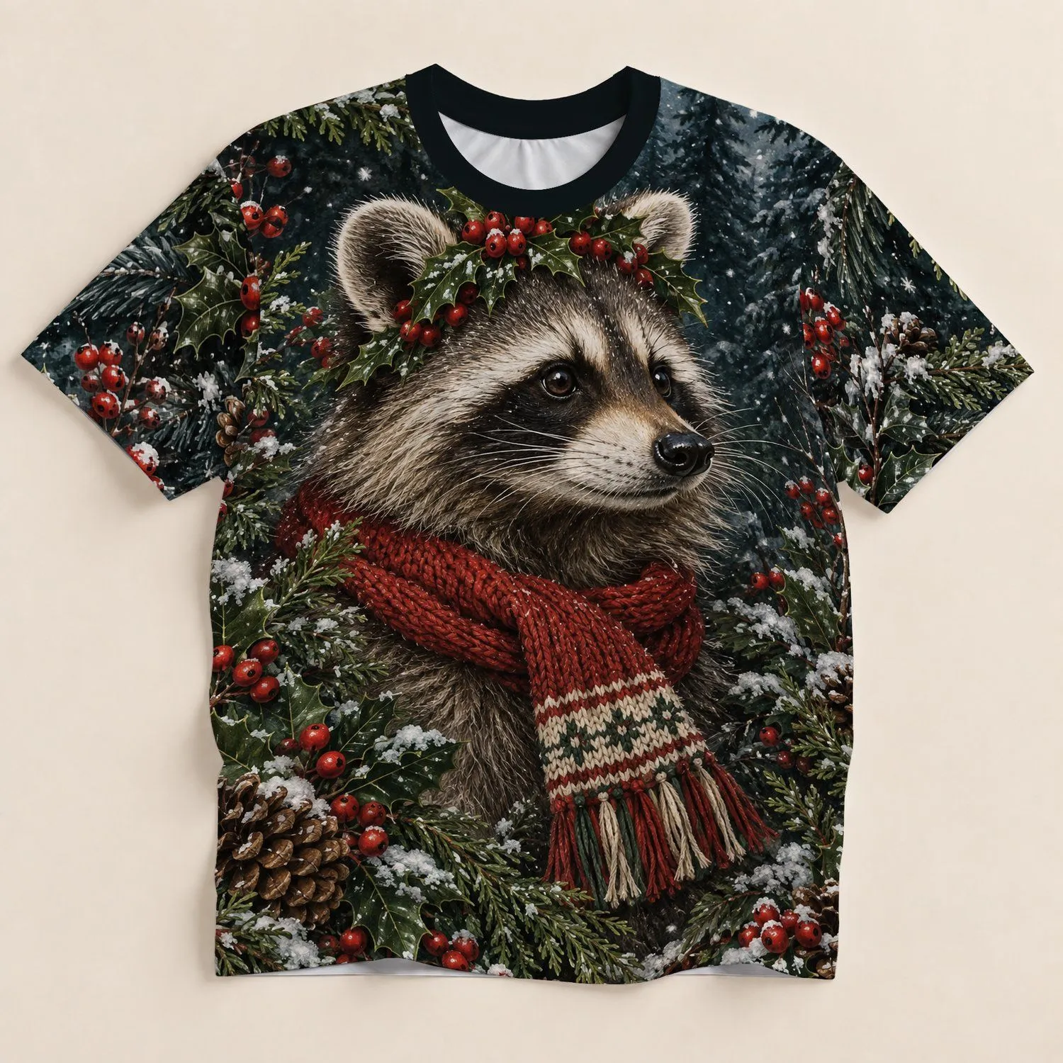 Cozy Winter Raccoon with Holly for Festive Woodland Days and Nature Lovers All-over Print Unisex T-shirt - 1