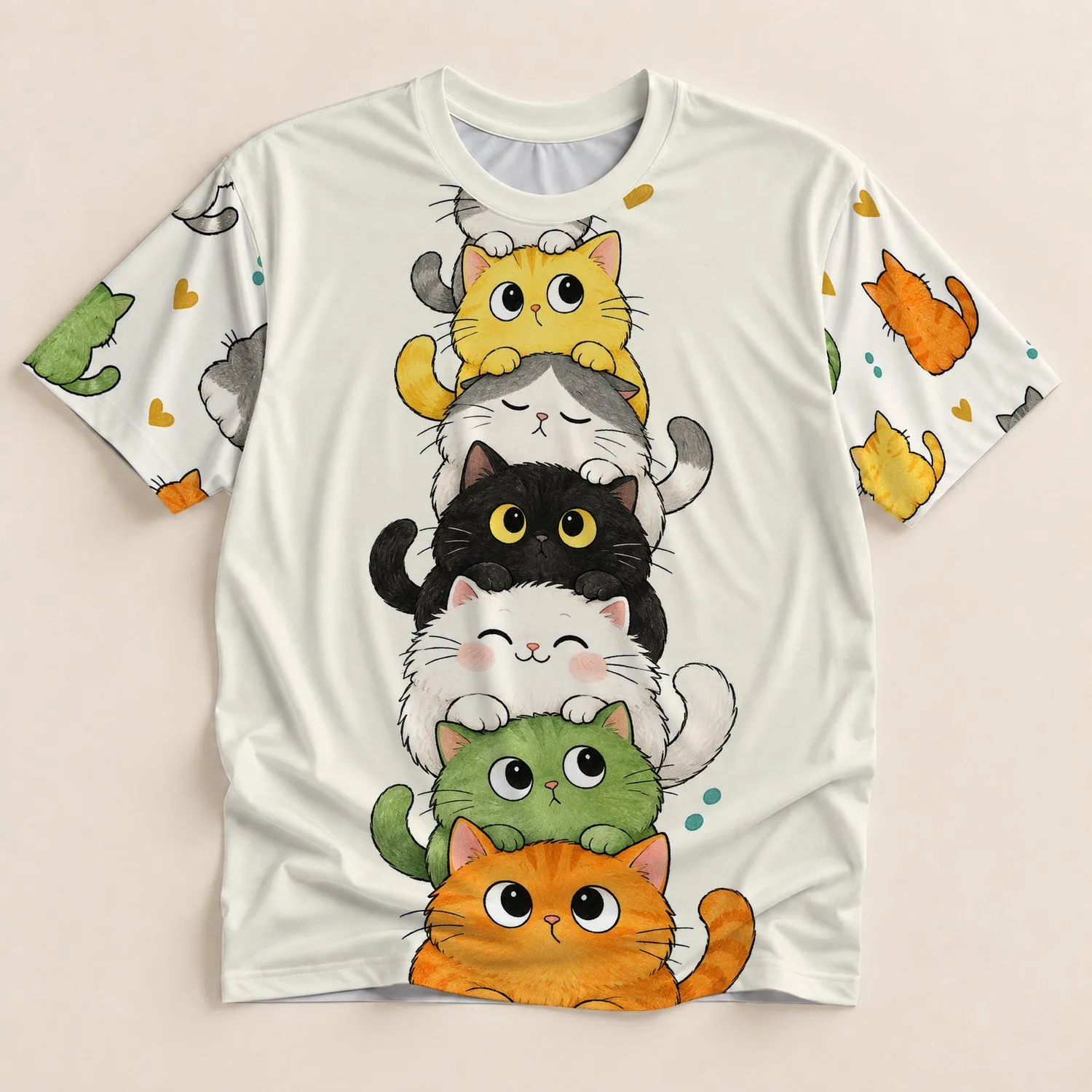 Colorful Stacked Cat Companions for Playful Everyday Style and Cat Lover Gifts All-over Print Unisex T-shirt - 1