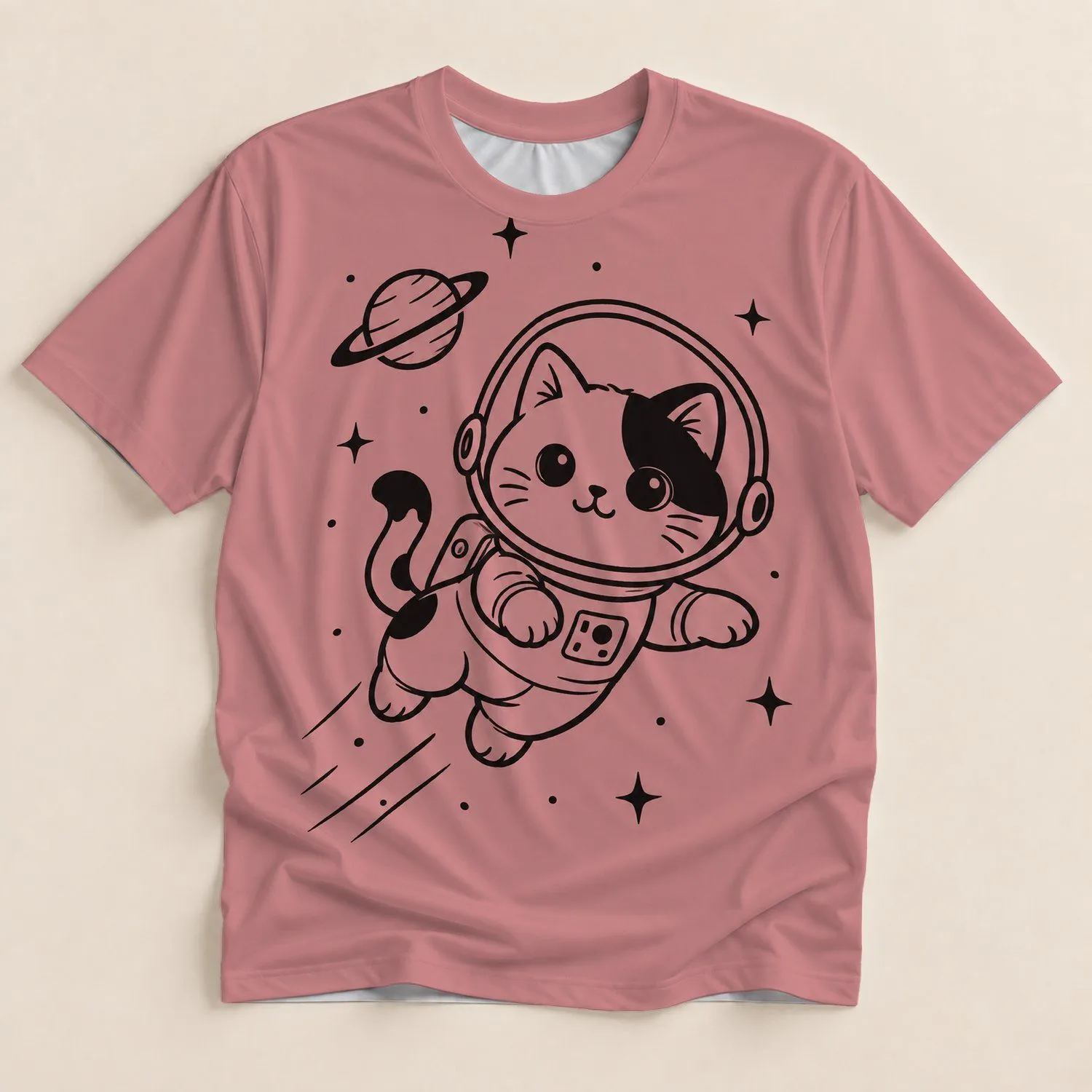 Cute Astronaut Cat with Starry Space Details for Casual Everyday Wear and Cat Lovers All-over Print Unisex T-shirt - 1