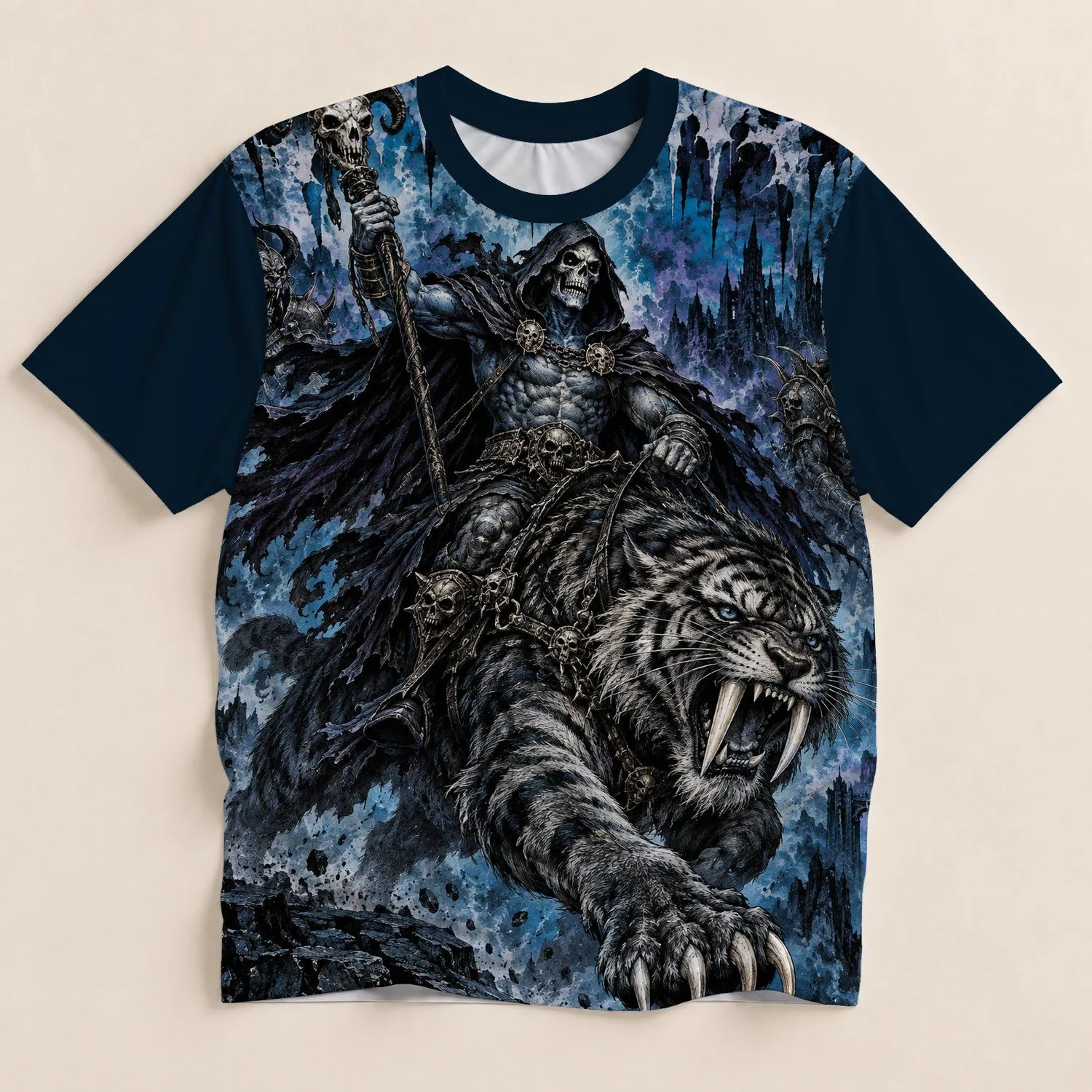 Hooded Reaper Riding Saber-Toothed Tiger for Gothic Fantasy Metal Fans All-over Print Unisex T-shirt - 1